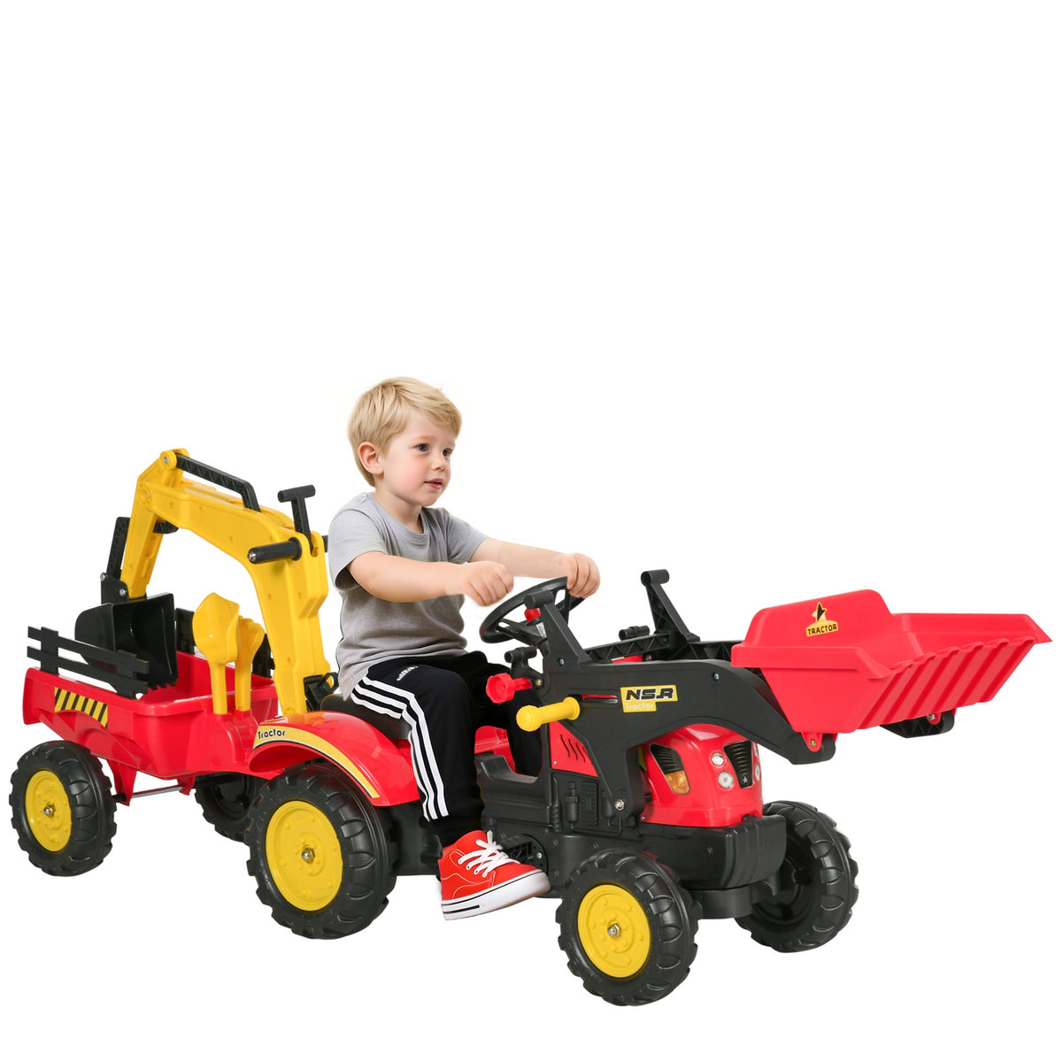 Aosom 3 in1 Kids Ride On Bulldozer Excavator Toy with 6 Wheels Controllable Cargo Trailer Easy Pedal Controls for 3-6 Years