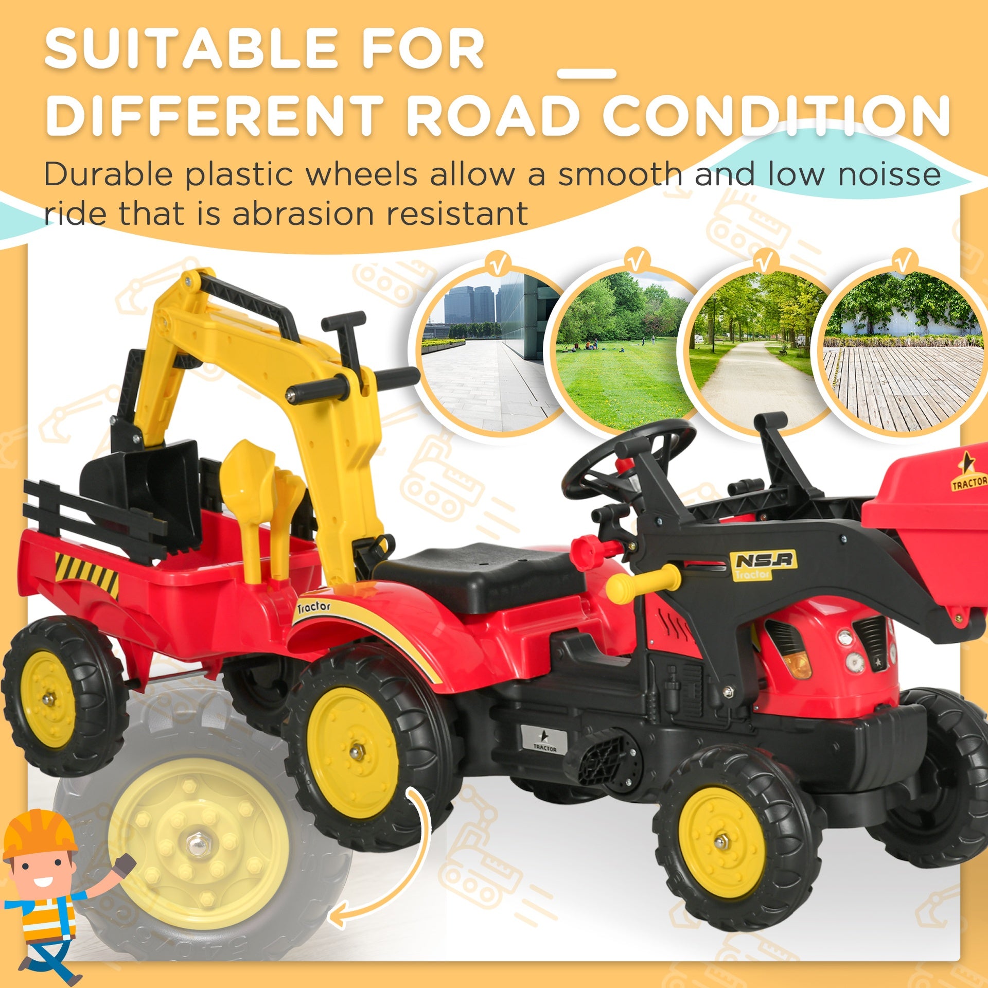 Aosom 3 in1 Kids Ride On Bulldozer Excavator Toy with 6 Wheels Controllable Cargo Trailer Easy Pedal Controls for 3-6 Years