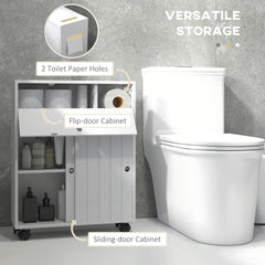 kleankin Toilet Paper Cabinet, Slim Bathroom Cabinet with 4 Rolling Wheels, Small Bathroom Storage Cabinet with Paper Holes, Sliding Doors and Adjustable Shelf for Small Space, White