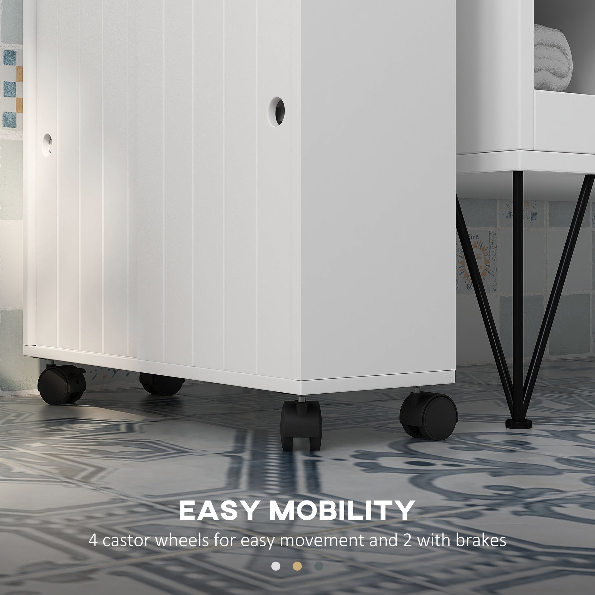 kleankin Toilet Paper Cabinet, Slim Bathroom Cabinet with 4 Rolling Wheels, Small Bathroom Storage Cabinet with Paper Holes, Sliding Doors and Adjustable Shelf for Small Space, White