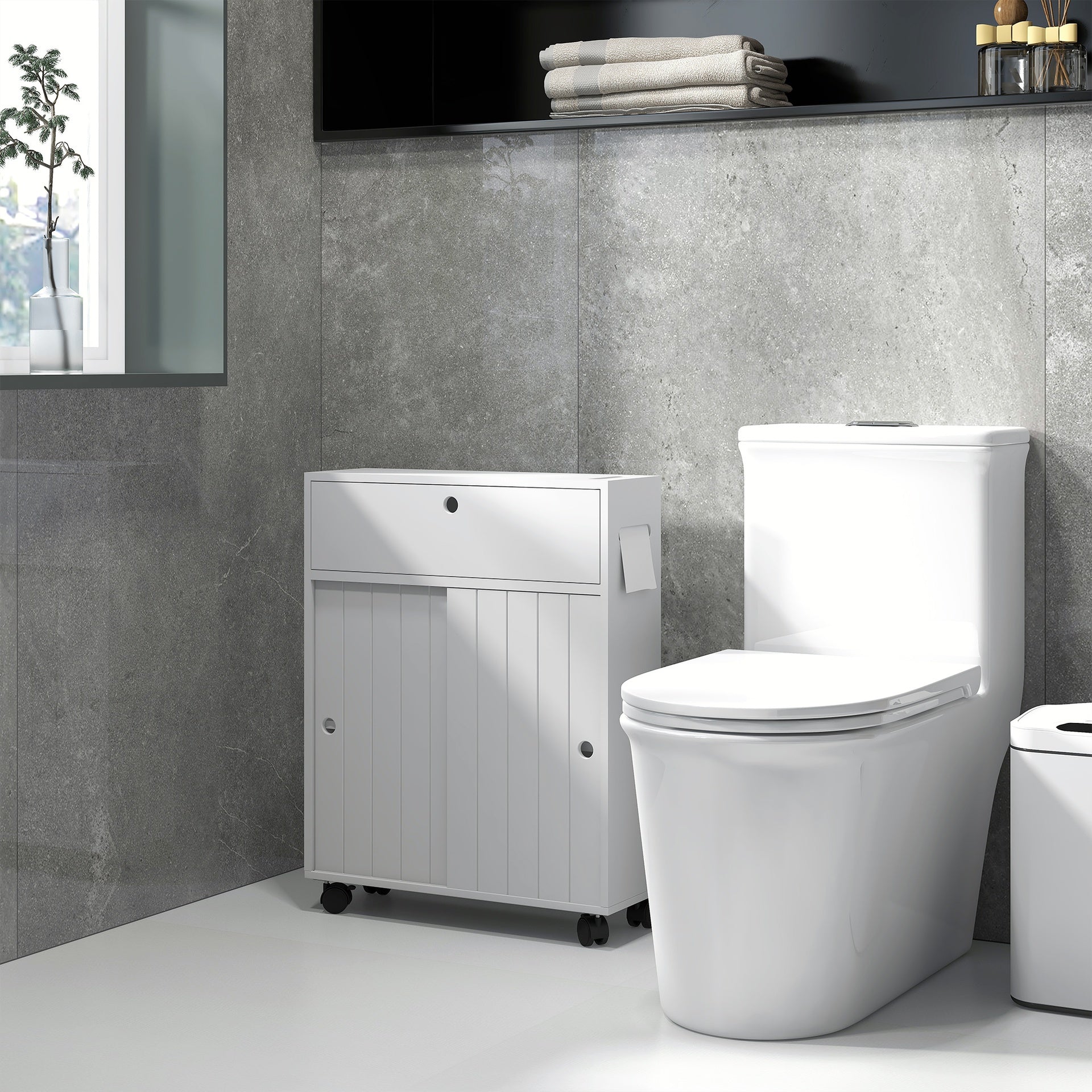 kleankin Toilet Paper Cabinet, Slim Bathroom Cabinet with 4 Rolling Wheels, Small Bathroom Storage Cabinet with Paper Holes, Sliding Doors and Adjustable Shelf for Small Space, White