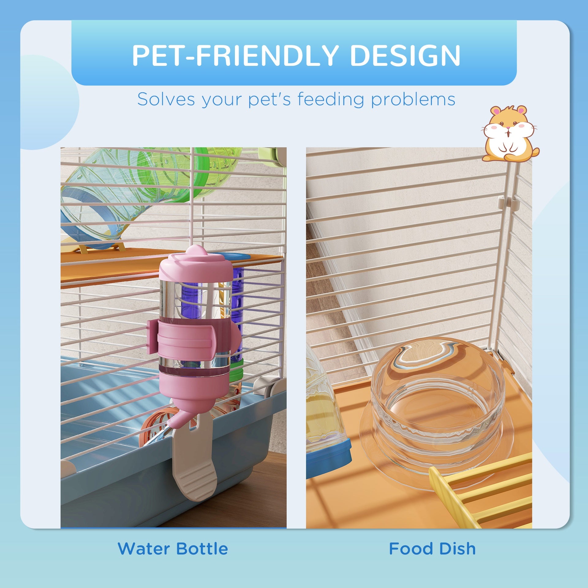 PawHut 5 Tiers Hamster Cage Portable Animal Travel Carrier w/ Exercise Wheels Tube, Light Blue