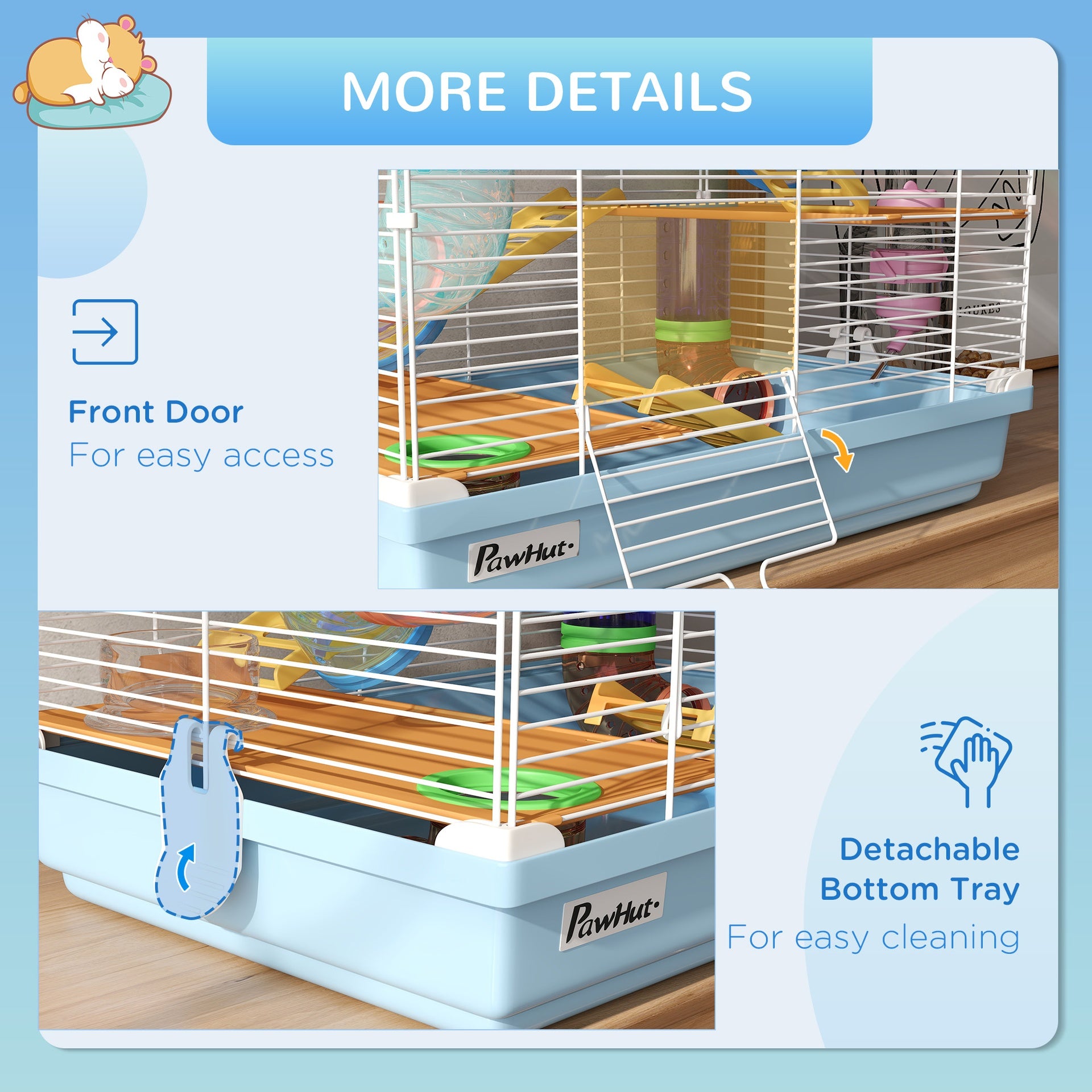 PawHut 5 Tiers Hamster Cage Portable Animal Travel Carrier w/ Exercise Wheels Tube, Light Blue