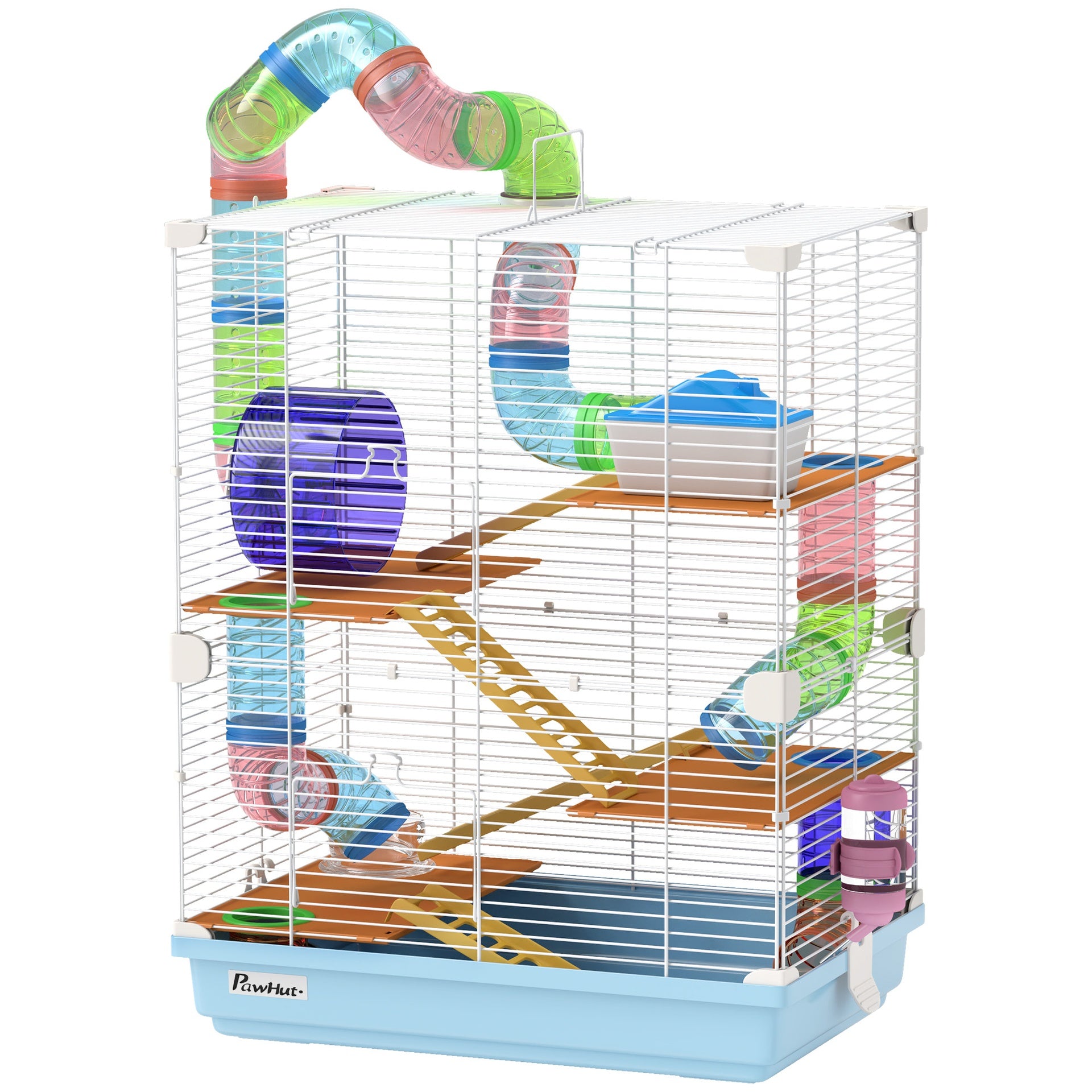 PawHut 5 Tiers Hamster Cage Portable Animal Travel Carrier w/ Exercise Wheels Tube, Light Blue