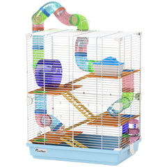PawHut 5 Tiers Hamster Cage Portable Animal Travel Carrier w/ Exercise Wheels Tube, Light Blue