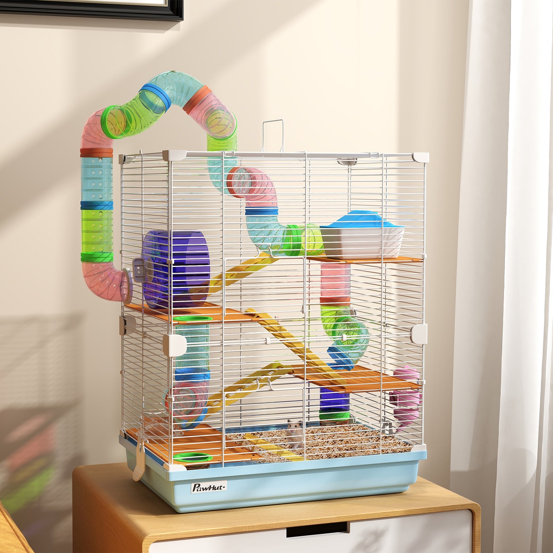 PawHut 5 Tiers Hamster Cage Portable Animal Travel Carrier w/ Exercise Wheels Tube, Light Blue
