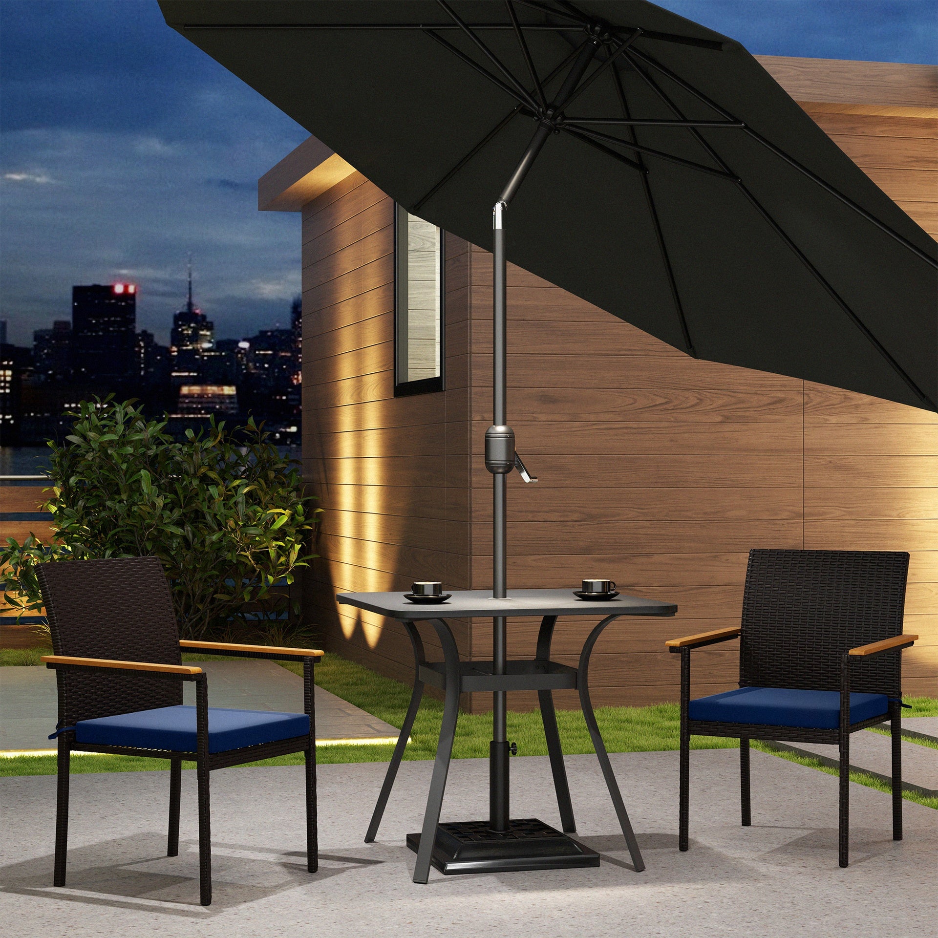 Outsunny Stackable Patio Wicker Dining Chair Set of 2 with Cushions, Backrest, Armrests for Deck, Garden, Navy Blue