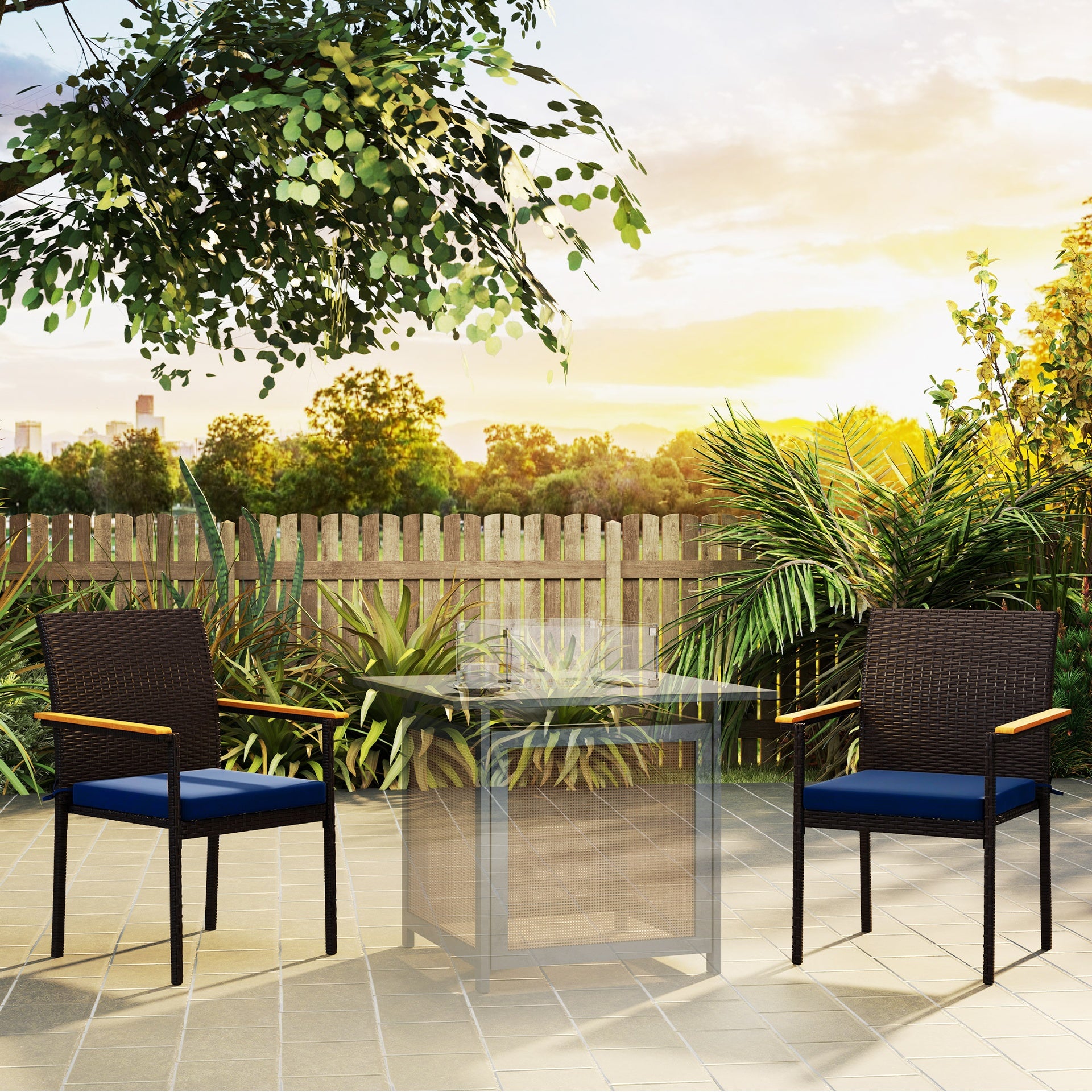 Outsunny Stackable Patio Wicker Dining Chair Set of 2 with Cushions, Backrest, Armrests for Deck, Garden, Navy Blue