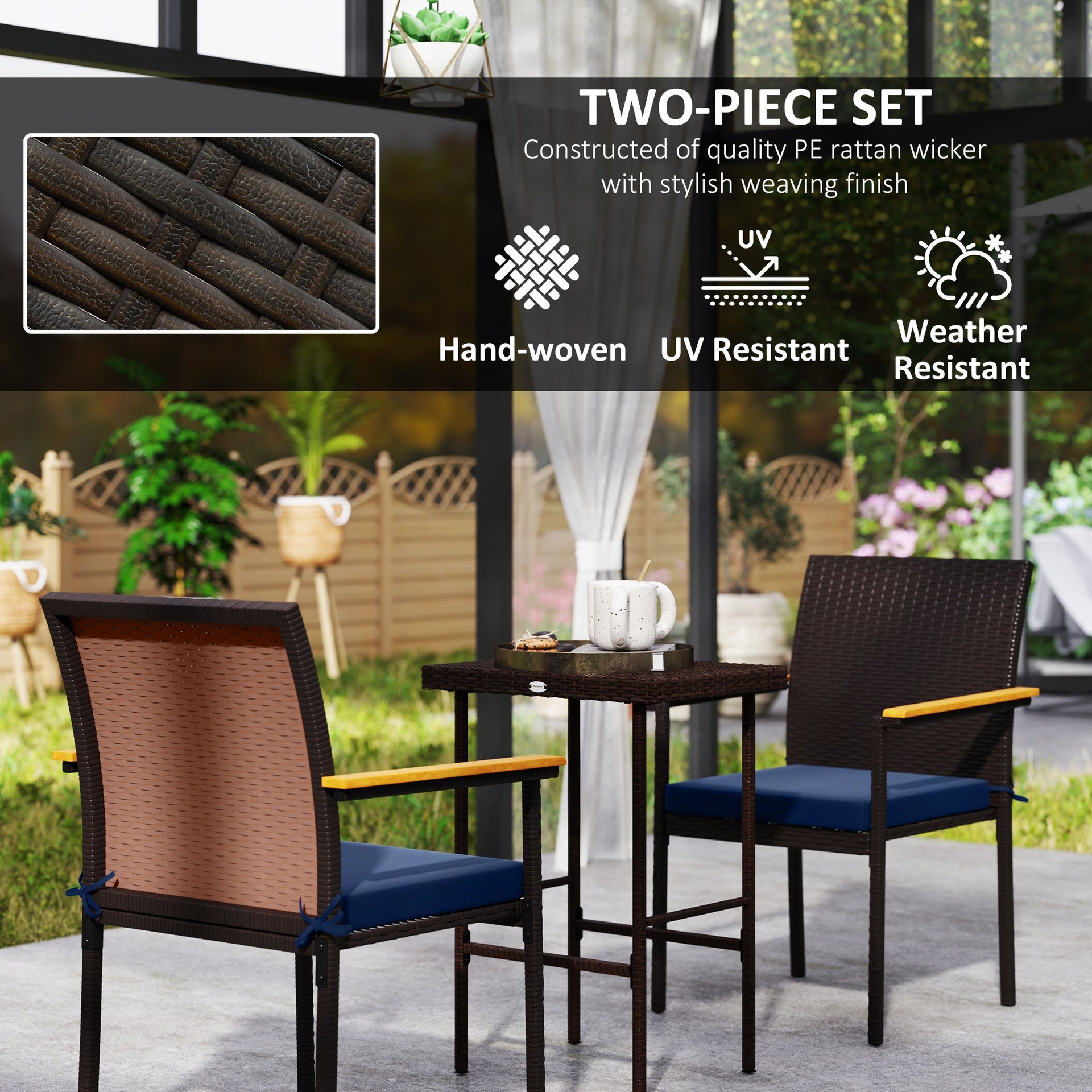 Outsunny Stackable Patio Wicker Dining Chair Set of 2 with Cushions, Backrest, Armrests for Deck, Garden, Navy Blue