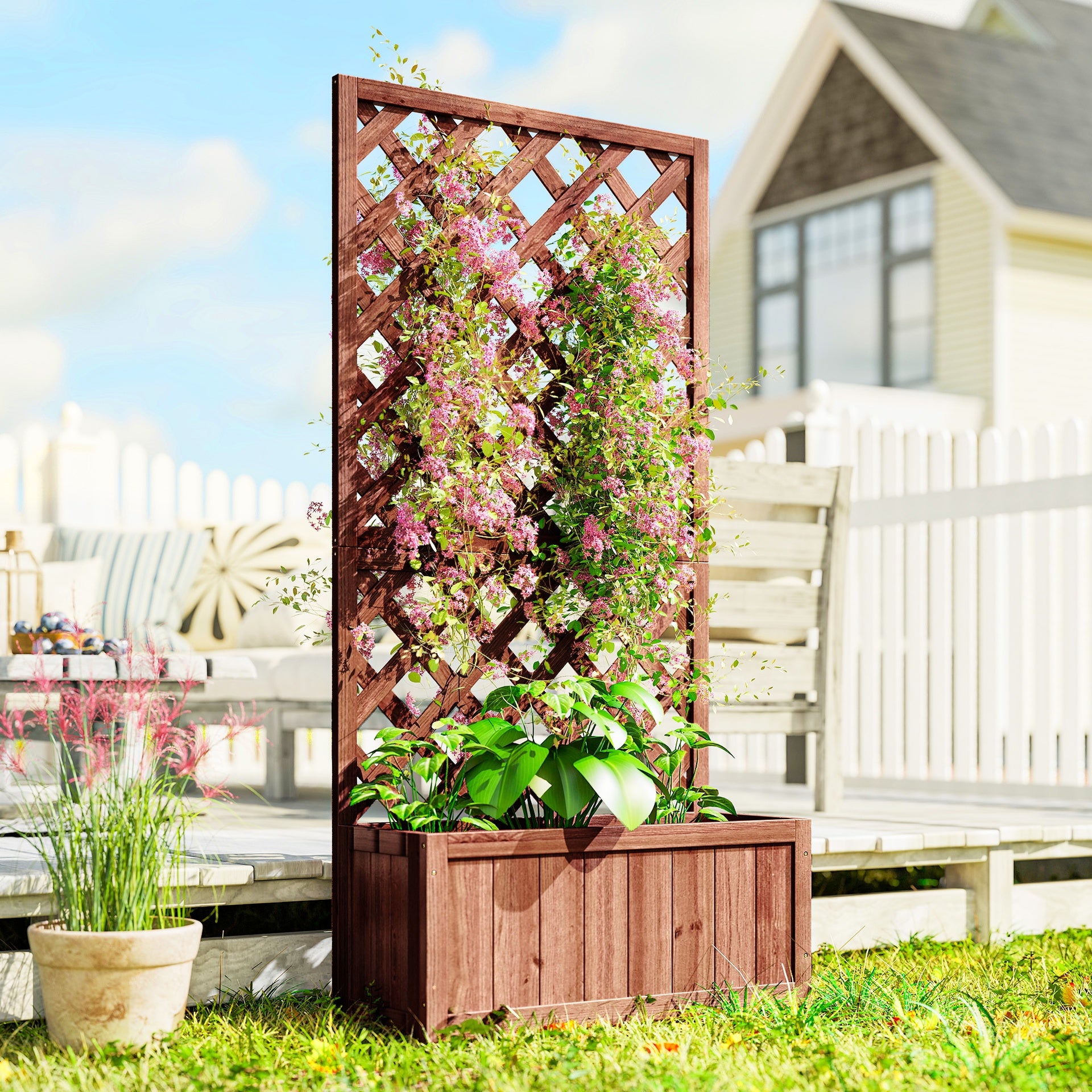 Outsunny Wooden Raised Garden Bed, Raised Planter Box, Planter with Trellis for Climbing Plants Flowers, Orange