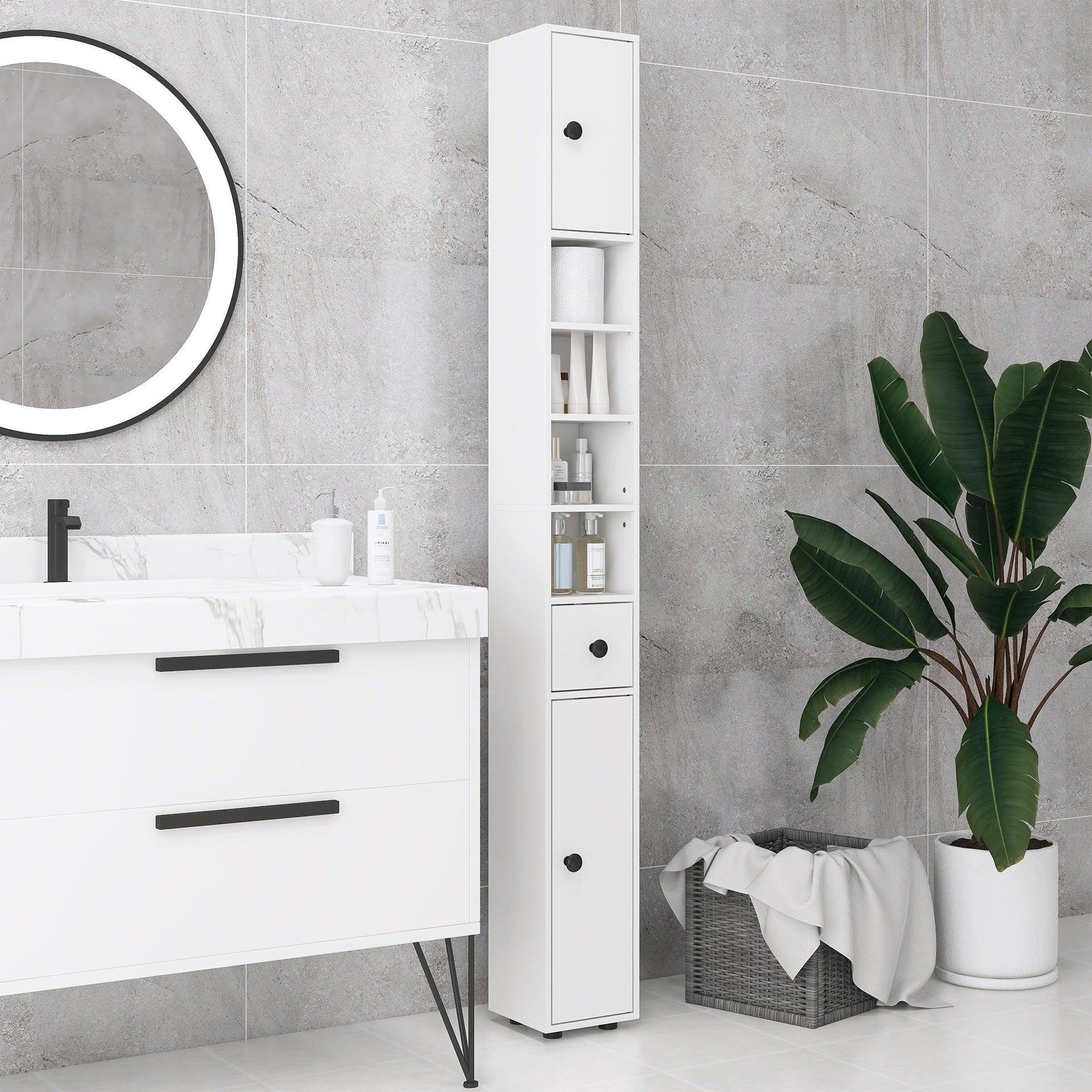 kleankin 71" Small Bathroom Storage Cabinet, Narrow Toilet Paper Cabinet with Open Shelves, 2 Cabinets, Adjustable Shelves, White