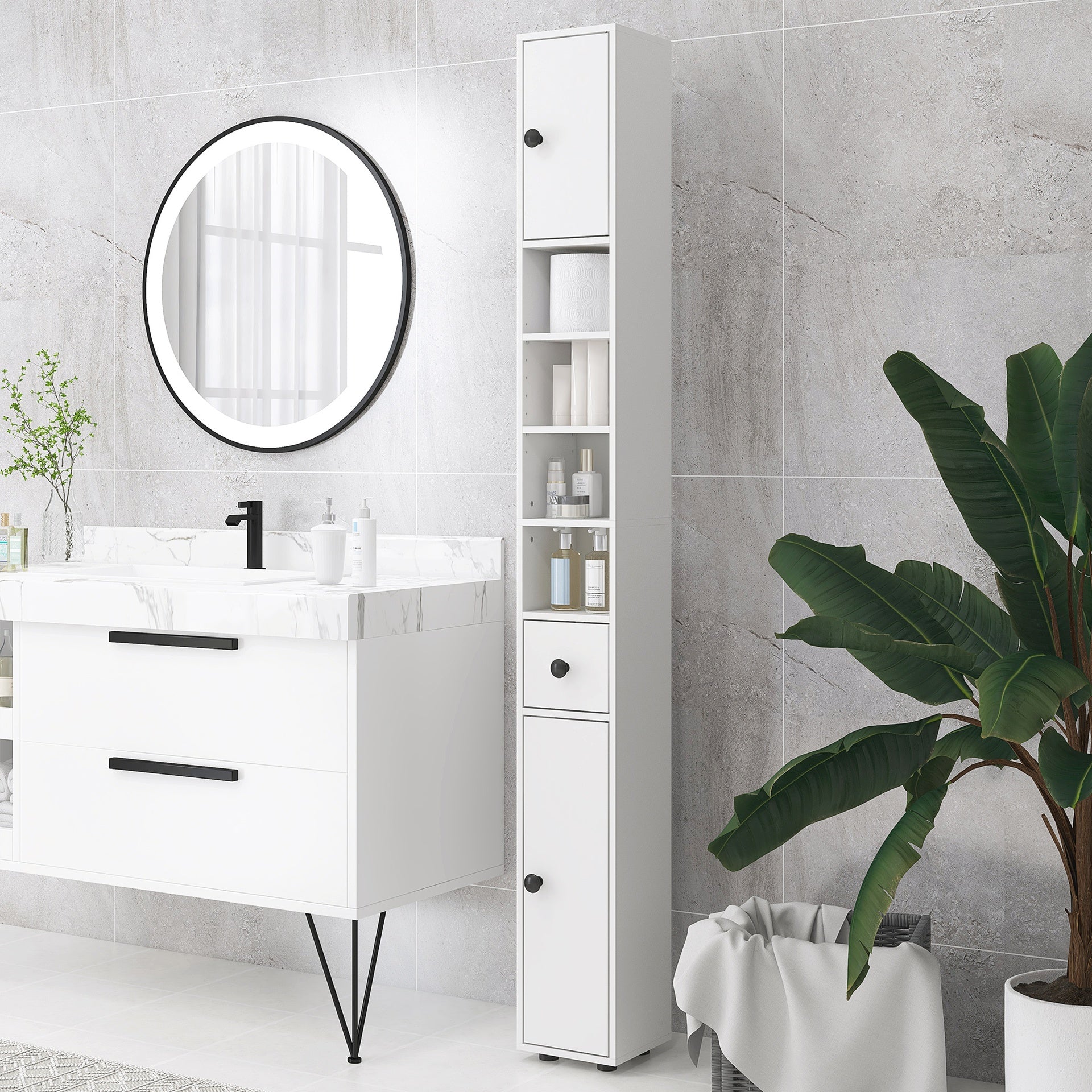 kleankin 71" Small Bathroom Storage Cabinet, Narrow Toilet Paper Cabinet with Open Shelves, 2 Cabinets, Adjustable Shelves, White