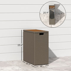 Outsunny 17-Gallon Small Deck Box, Wicker Outdoor Storage Box with Acacia Wood Top for Patio Cushions and Garden Tools, Teak