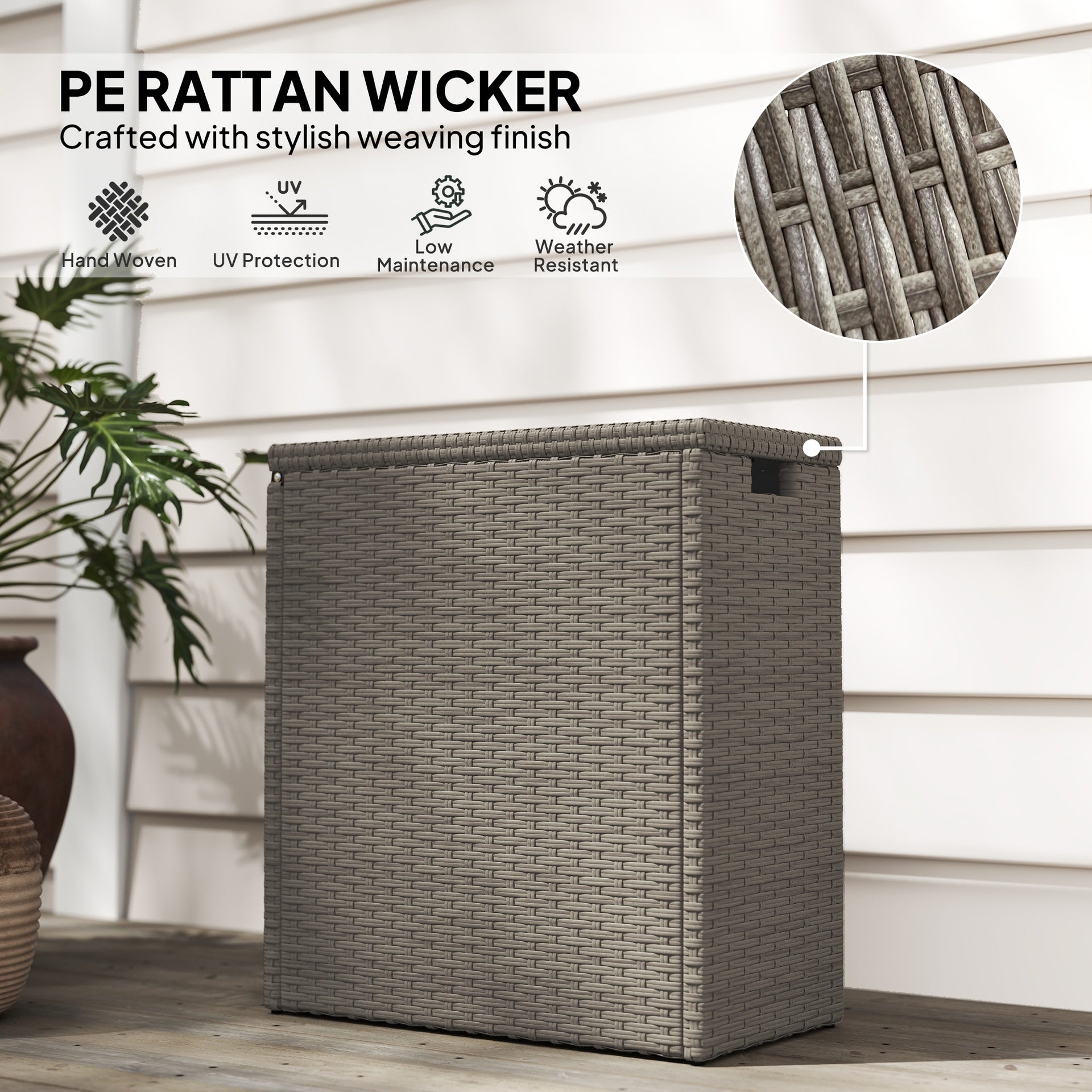 Outsunny 17-Gallon Small Deck Box, Wicker Outdoor Storage Box with Acacia Wood Top for Patio Cushions and Garden Tools, Teak