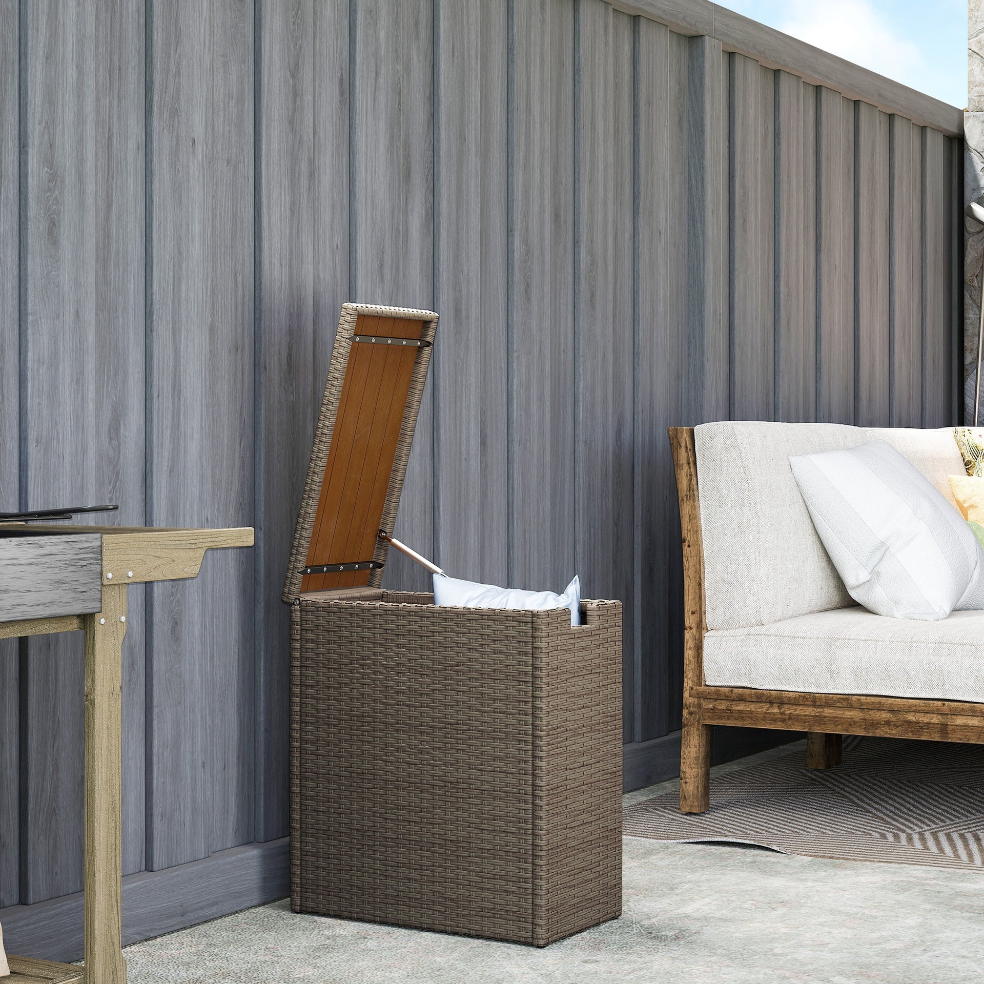 Outsunny 17-Gallon Small Deck Box, Wicker Outdoor Storage Box with Acacia Wood Top for Patio Cushions and Garden Tools, Teak