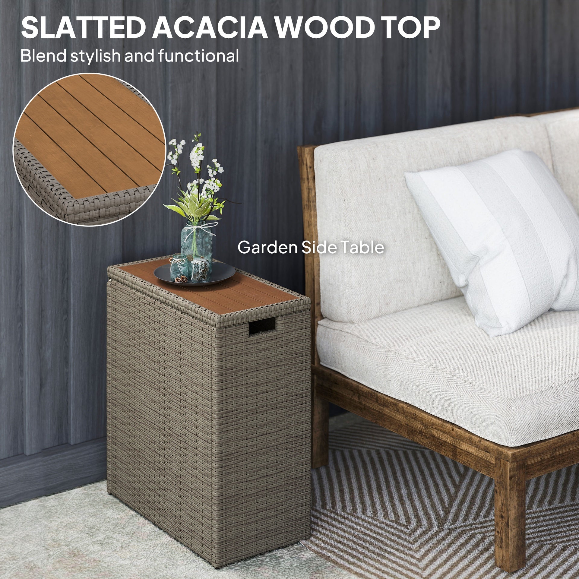 Outsunny 17-Gallon Small Deck Box, Wicker Outdoor Storage Box with Acacia Wood Top for Patio Cushions and Garden Tools, Teak