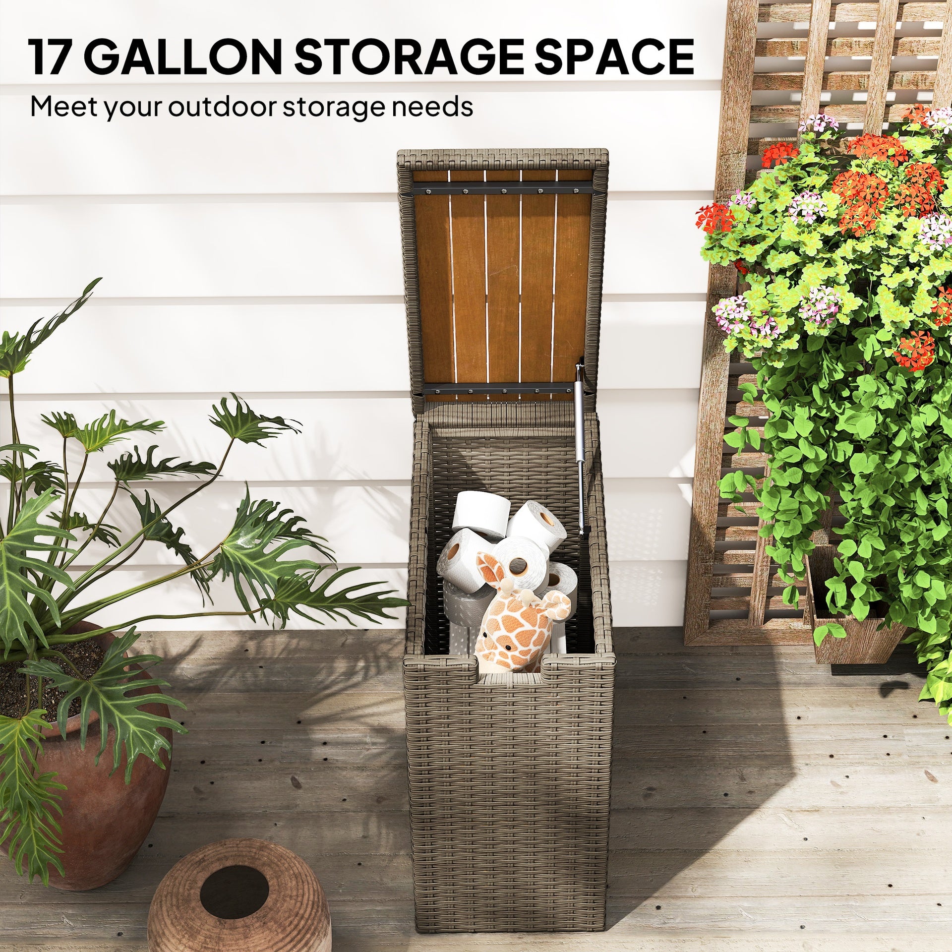 Outsunny 17-Gallon Small Deck Box, Wicker Outdoor Storage Box with Acacia Wood Top for Patio Cushions and Garden Tools, Teak