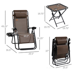 Outsunny Zero Gravity Chair Set with Side Table, Folding Reclining Chair with Cupholders & Pillows, Adjustable Lounge Chairs for Pool, Backyard, Lawn, Beach, Brown