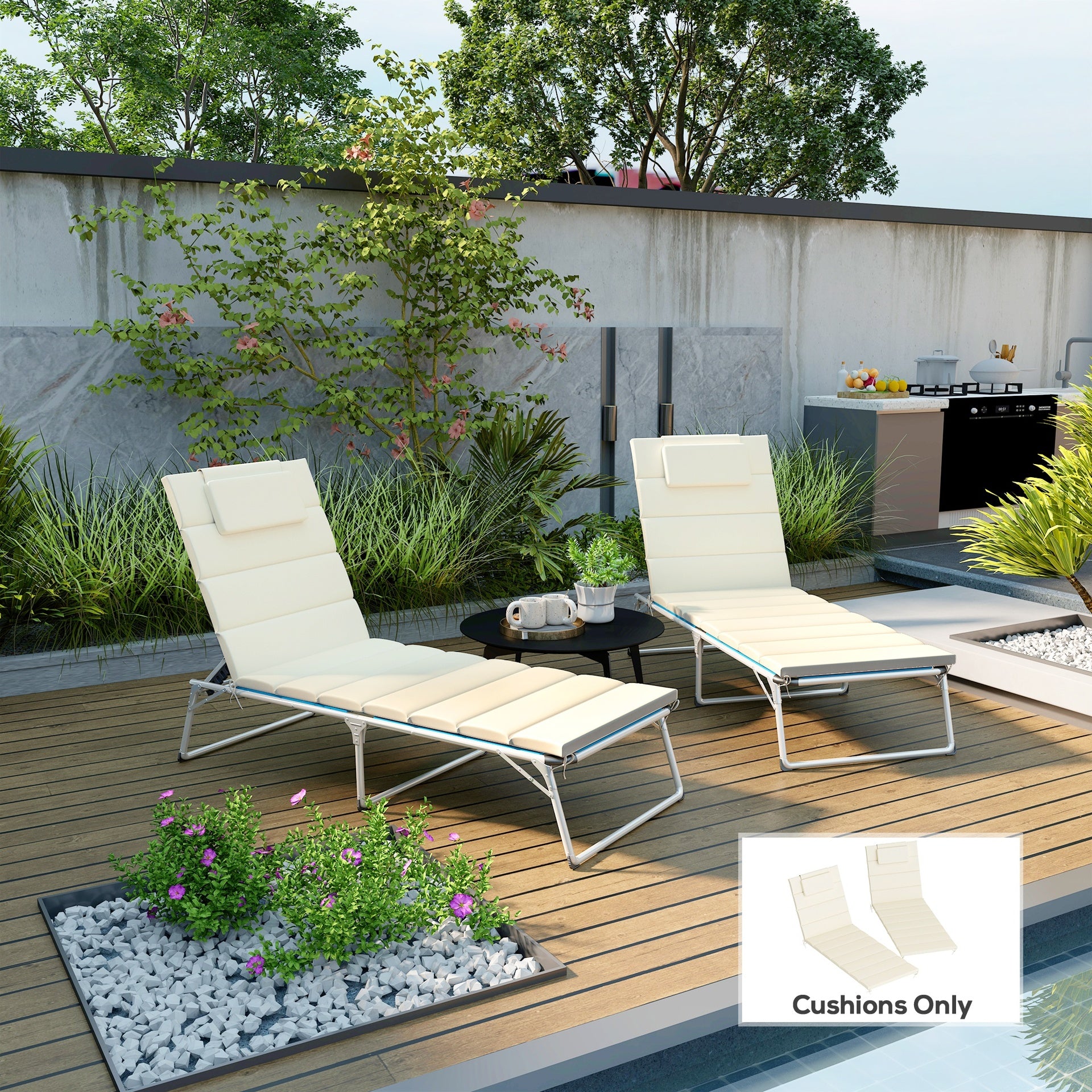 Outsunny Foldable Chaise Lounge Cushion Set of 2, Outdoor Lounge Chair Cushion Set, UPF50+ 230gsm Olefin, 80" x 26" Cream White