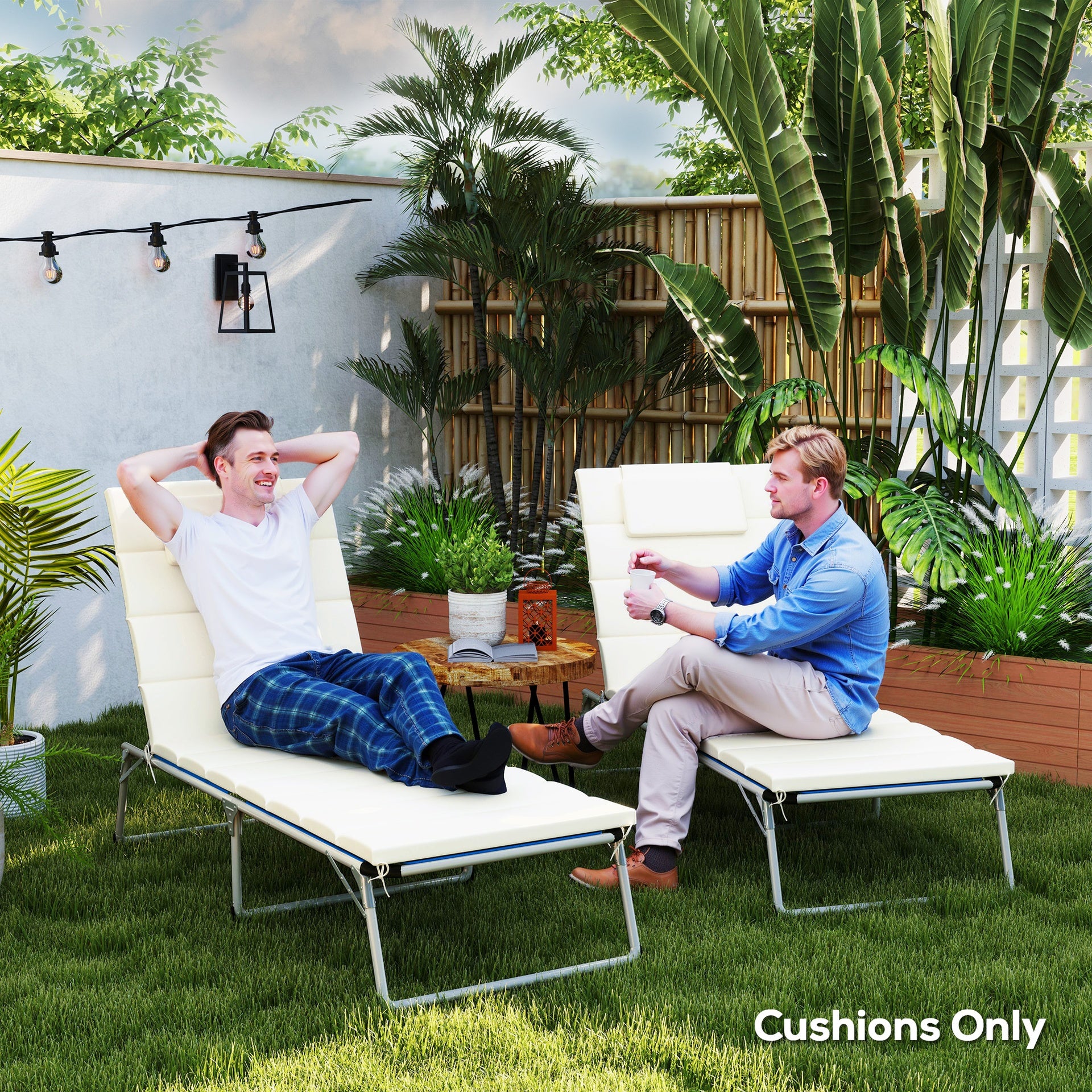 Outsunny Foldable Chaise Lounge Cushion Set of 2, Outdoor Lounge Chair Cushion Set, UPF50+ 230gsm Olefin, 80" x 26" Cream White