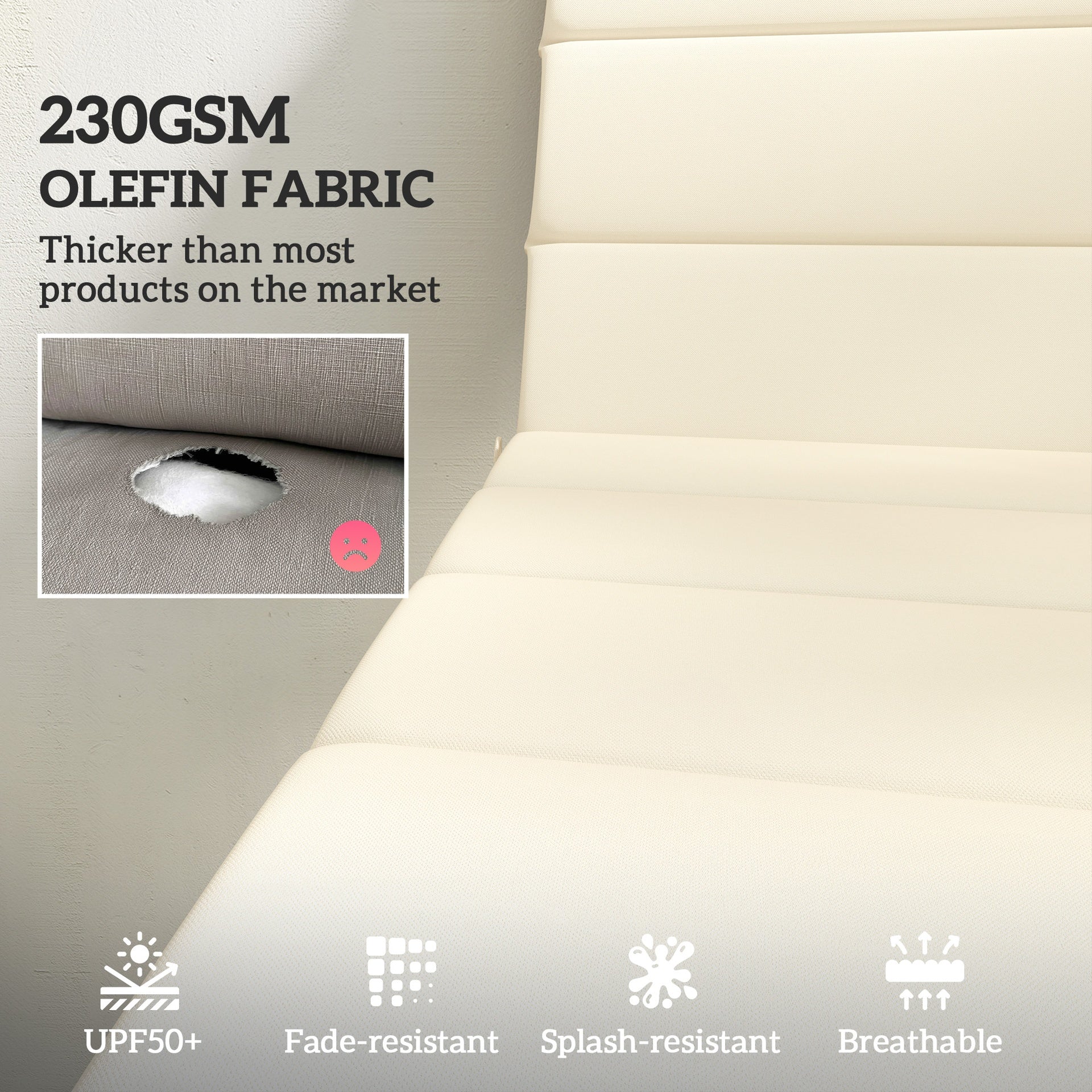 Outsunny Foldable Chaise Lounge Cushion Set of 2, Outdoor Lounge Chair Cushion Set, UPF50+ 230gsm Olefin, 80" x 26" Cream White