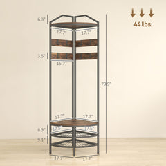HOMCOM Corner Hall Tree, Industrial 4-Tier Coat Rack with Shoe Storage, 8 Movable Hooks and 2 Shelves for Hallway, Rustic Brown