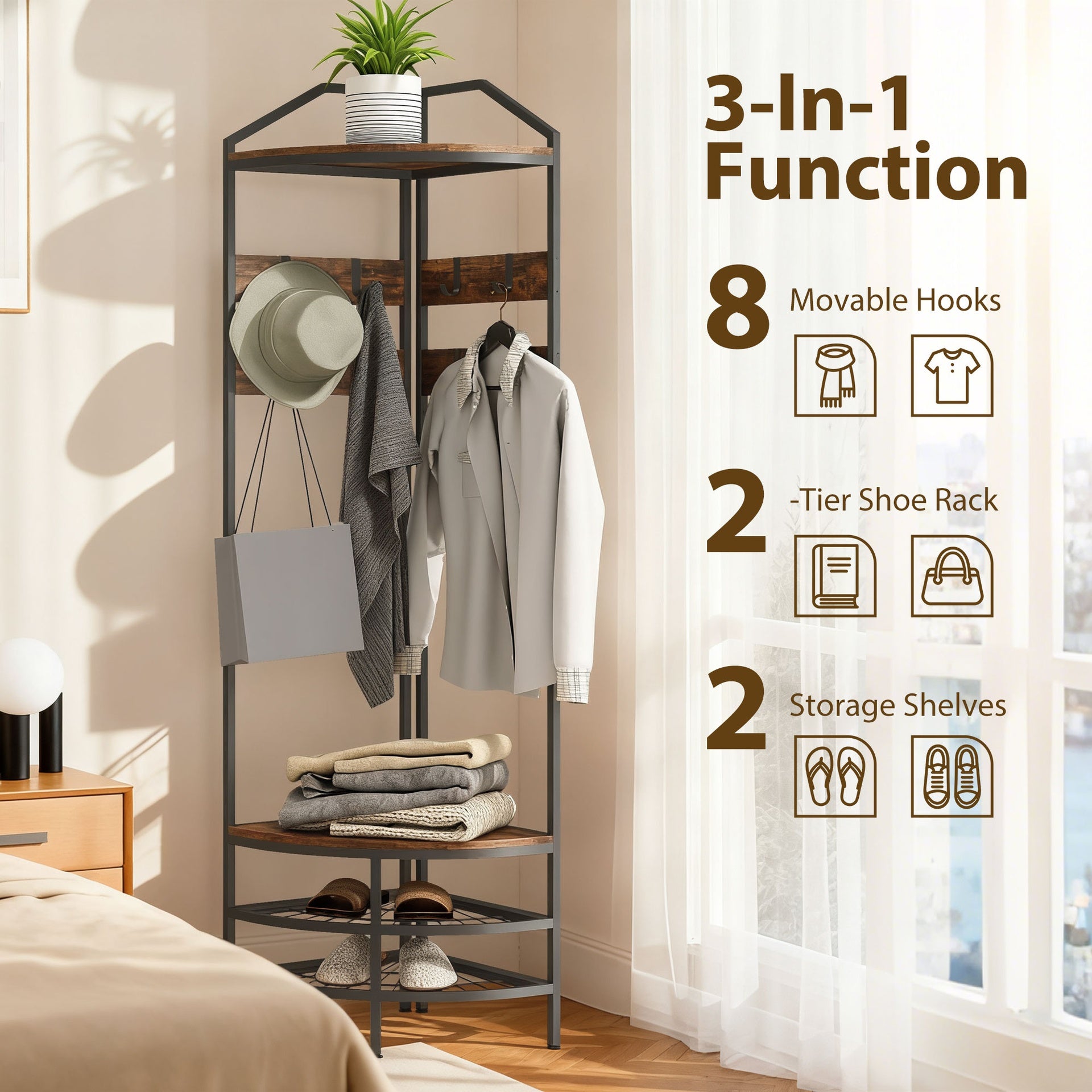 HOMCOM Corner Hall Tree, Industrial 4-Tier Coat Rack with Shoe Storage, 8 Movable Hooks and 2 Shelves for Hallway, Rustic Brown
