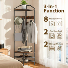 HOMCOM Corner Hall Tree, Industrial 4-Tier Coat Rack with Shoe Storage, 8 Movable Hooks and 2 Shelves for Hallway, Rustic Brown