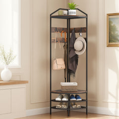 HOMCOM Corner Hall Tree, Industrial 4-Tier Coat Rack with Shoe Storage, 8 Movable Hooks and 2 Shelves for Hallway, Rustic Brown