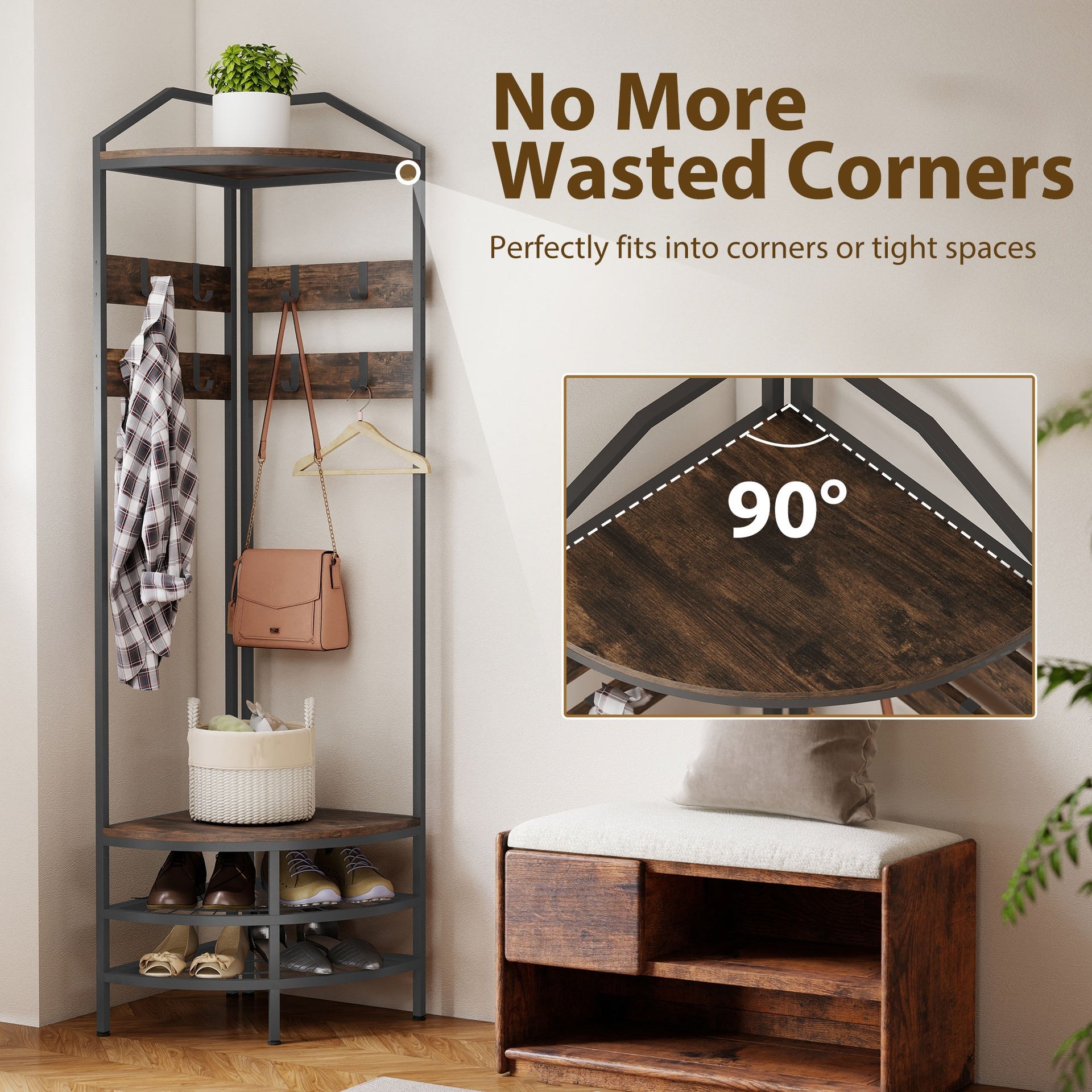 HOMCOM Corner Hall Tree, Industrial 4-Tier Coat Rack with Shoe Storage, 8 Movable Hooks and 2 Shelves for Hallway, Rustic Brown
