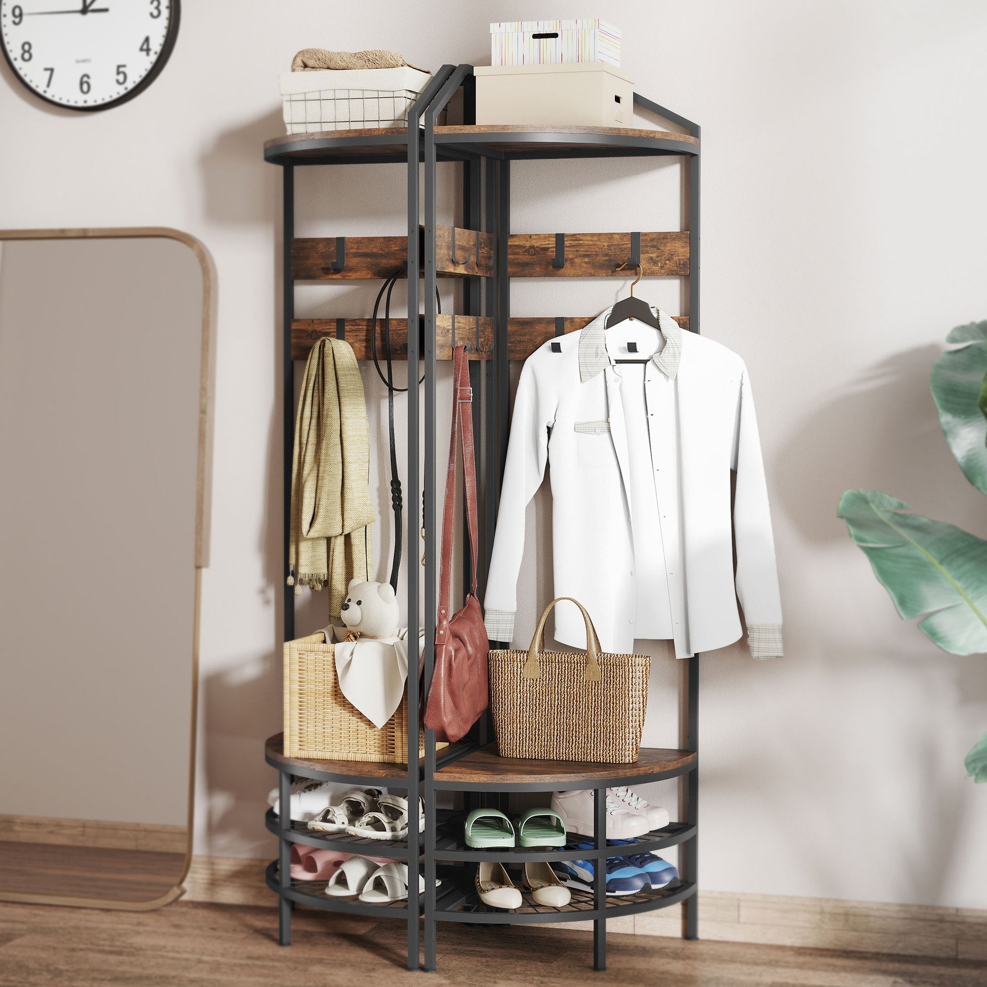 HOMCOM Corner Hall Tree, Industrial 4-Tier Coat Rack with Shoe Storage, 8 Movable Hooks and 2 Shelves for Hallway, Rustic Brown