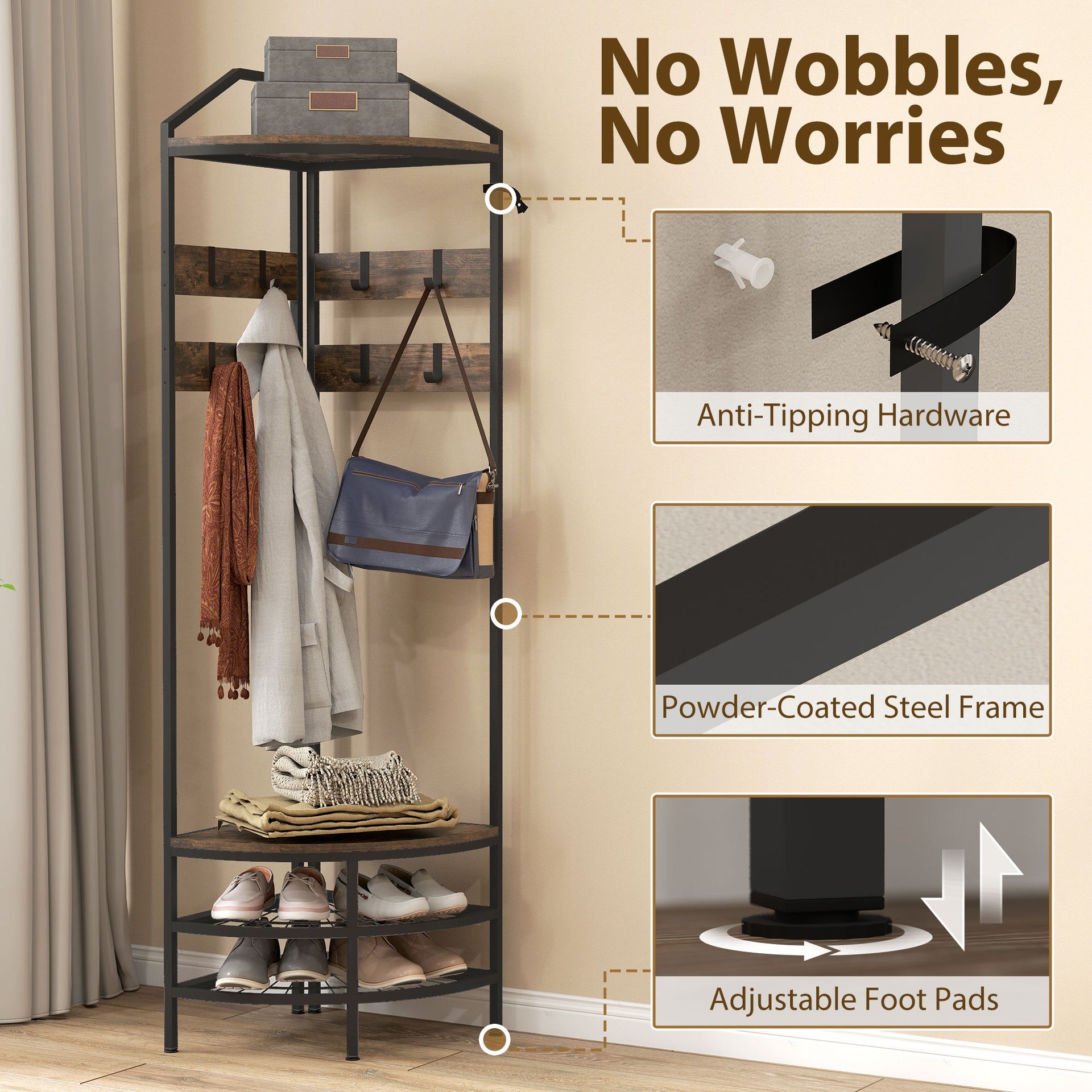 HOMCOM Corner Hall Tree, Industrial 4-Tier Coat Rack with Shoe Storage, 8 Movable Hooks and 2 Shelves for Hallway, Rustic Brown