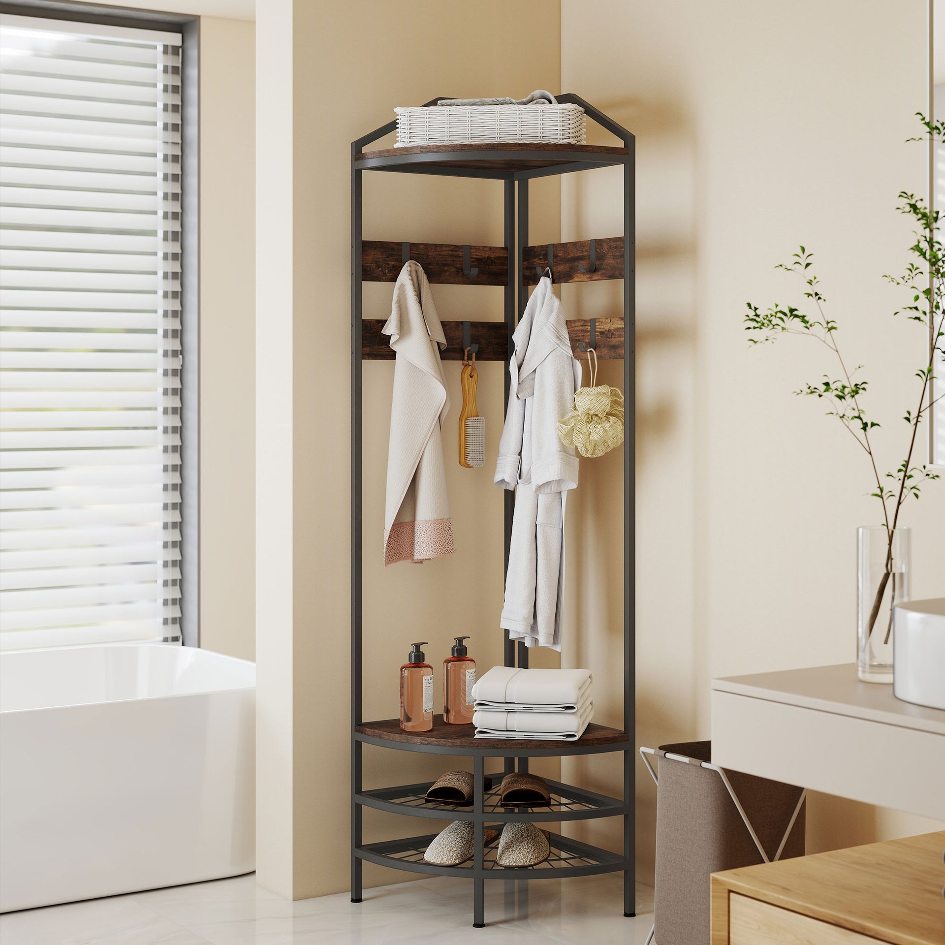 HOMCOM Corner Hall Tree, Industrial 4-Tier Coat Rack with Shoe Storage, 8 Movable Hooks and 2 Shelves for Hallway, Rustic Brown