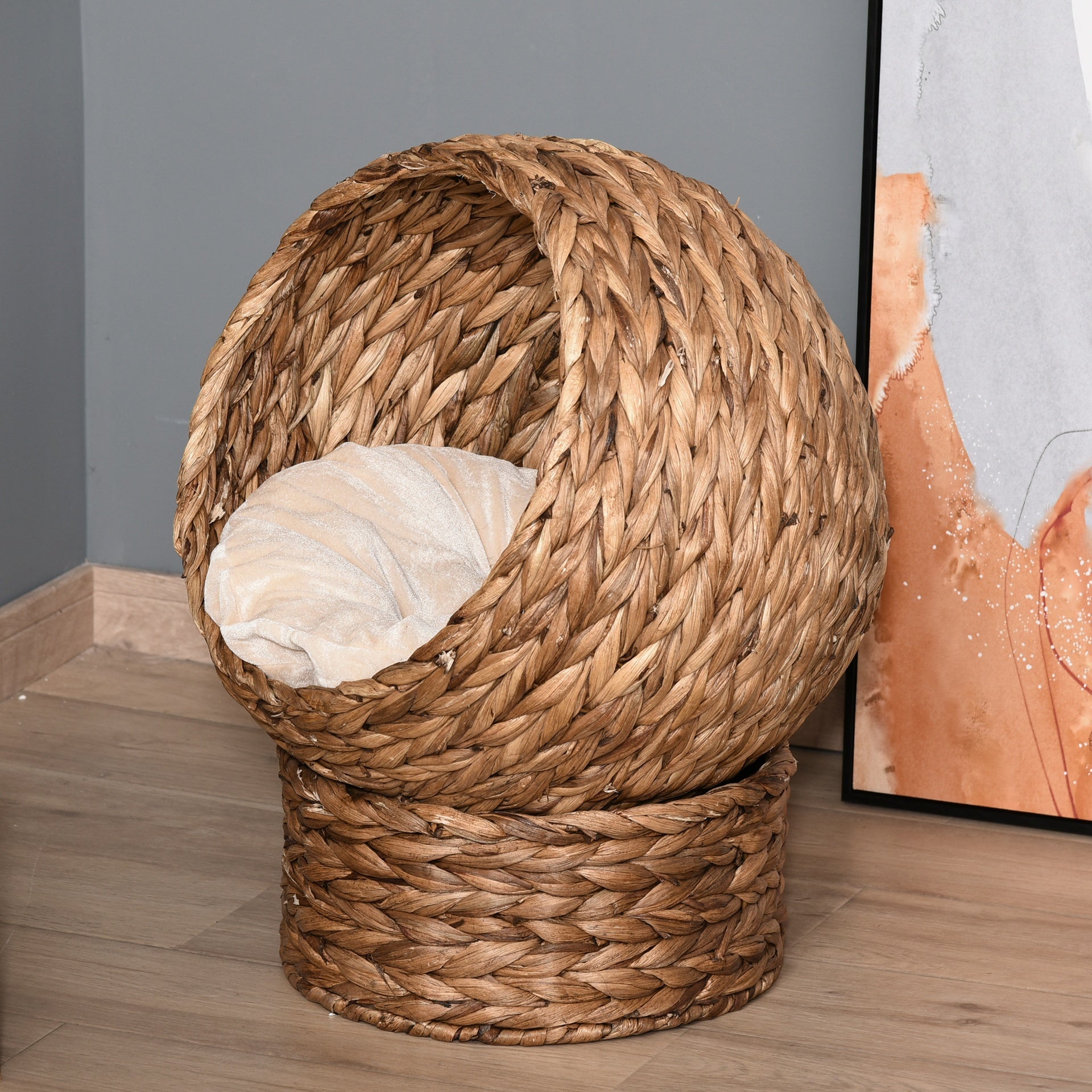 PawHut 20" Natural Braided Banana Leaf Elevated Cat Bed Basket with Cushion - Brown
