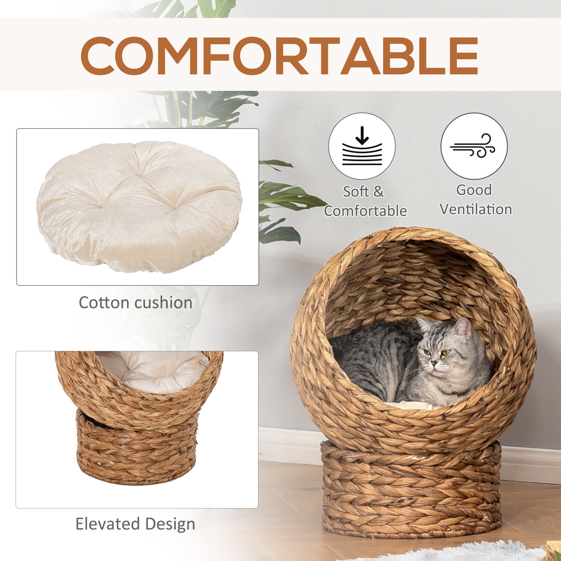 PawHut 20" Natural Braided Banana Leaf Elevated Cat Bed Basket with Cushion - Brown