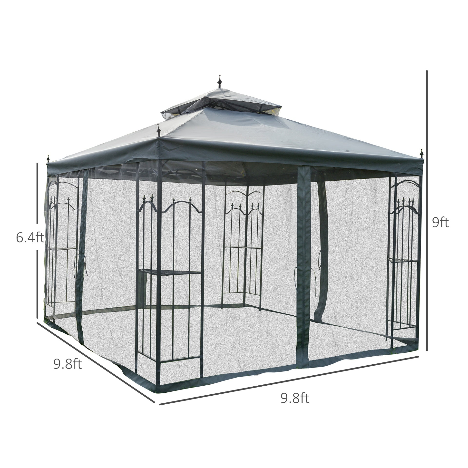Outsunny 118" x 118" Steel Outdoor Patio Gazebo Canopy with Removable Mesh Curtains, Display Shelves, & Steel Frame, Gray