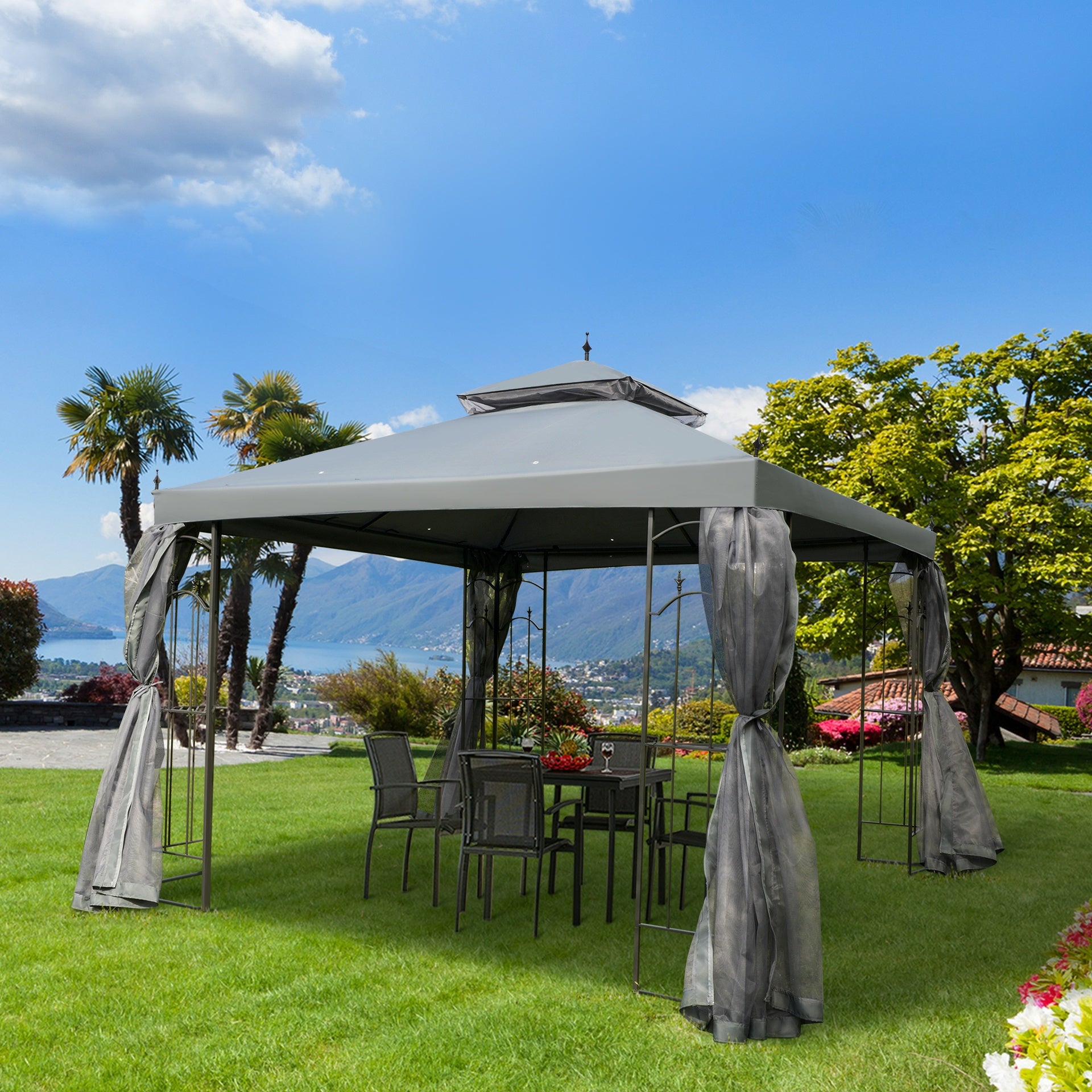 Outsunny 118" x 118" Steel Outdoor Patio Gazebo Canopy with Removable Mesh Curtains, Display Shelves, & Steel Frame, Gray