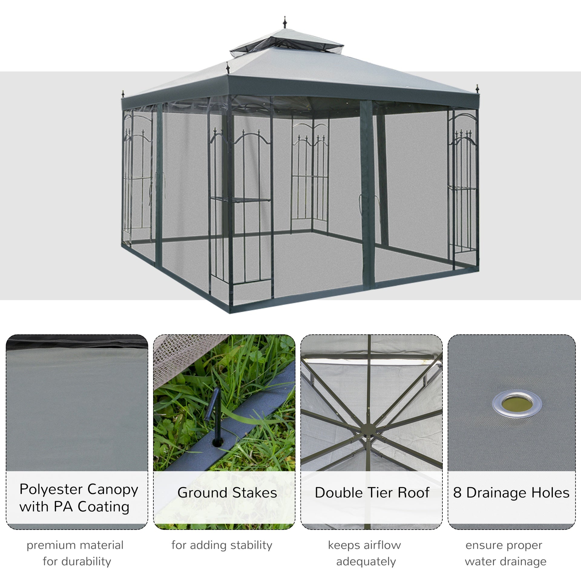Outsunny 118" x 118" Steel Outdoor Patio Gazebo Canopy with Removable Mesh Curtains, Display Shelves, & Steel Frame, Gray