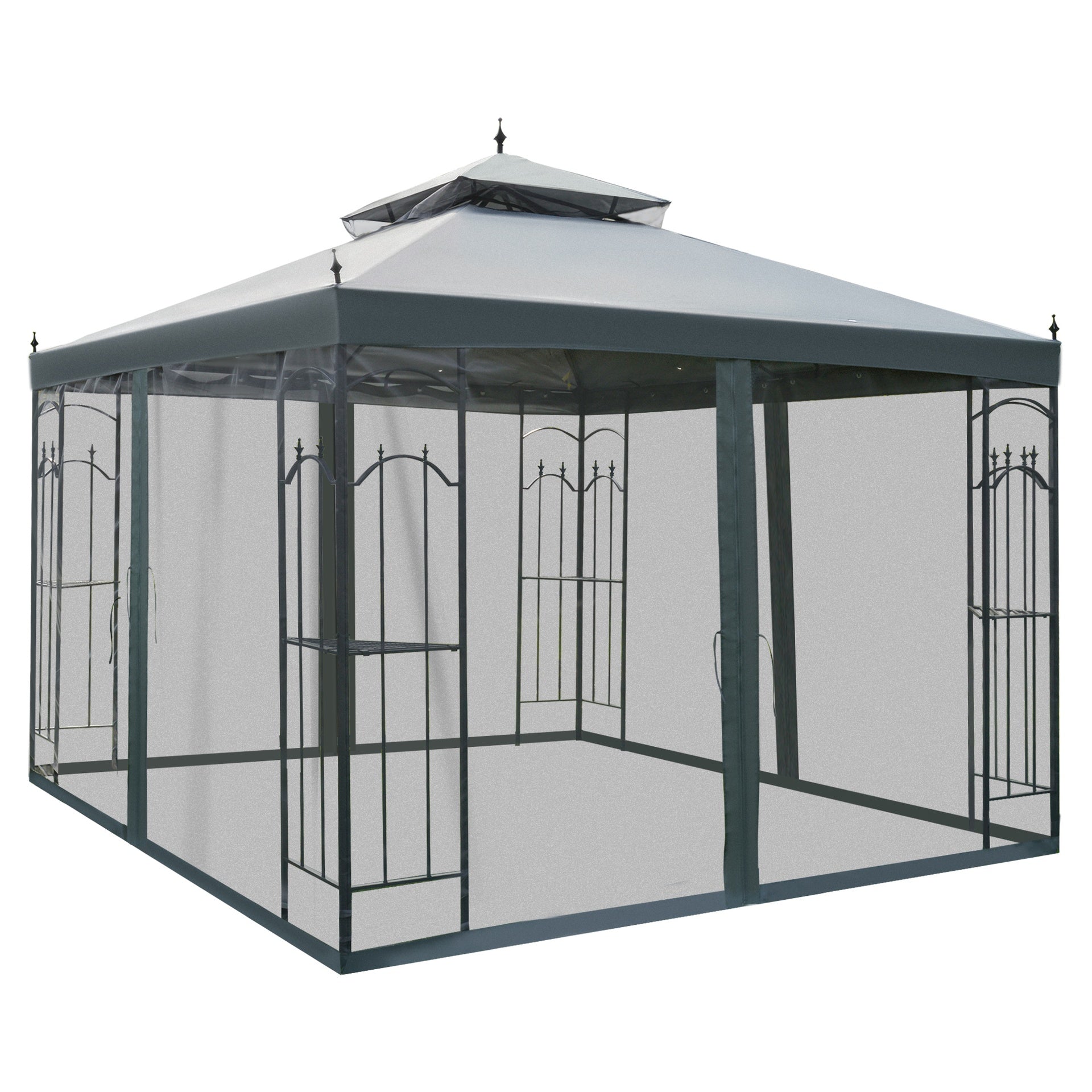 Outsunny 118" x 118" Steel Outdoor Patio Gazebo Canopy with Removable Mesh Curtains, Display Shelves, & Steel Frame, Gray