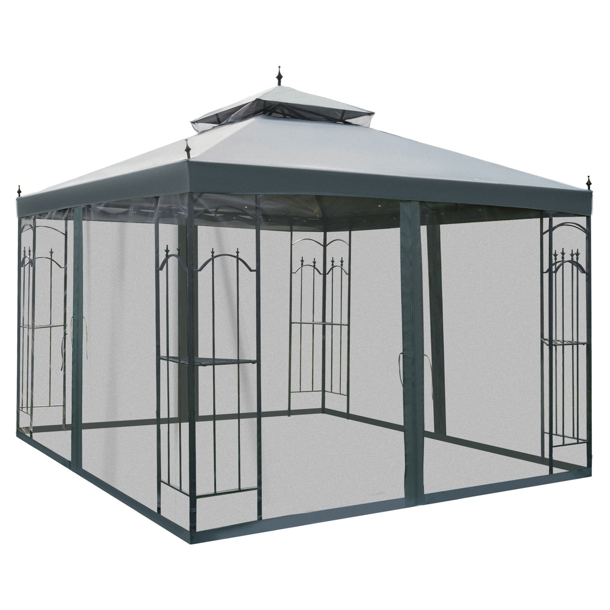 Outsunny 118" x 118" Steel Outdoor Patio Gazebo Canopy with Removable Mesh Curtains, Display Shelves, & Steel Frame, Gray