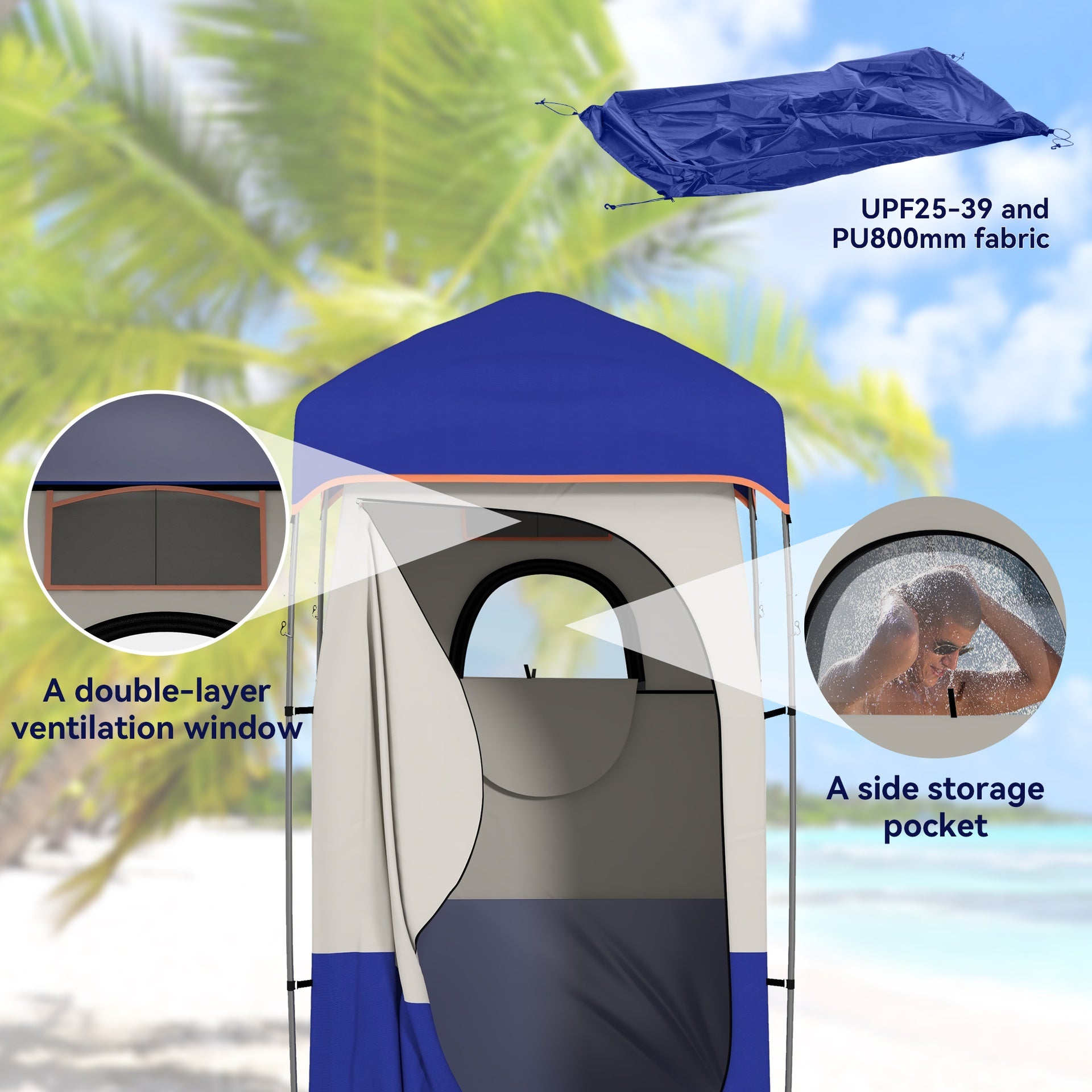 Outsunny Camping Shower Tent, Portable Privacy Shelter with Solar Shower Bag, Removable Floor and Carrying Bag, Blue