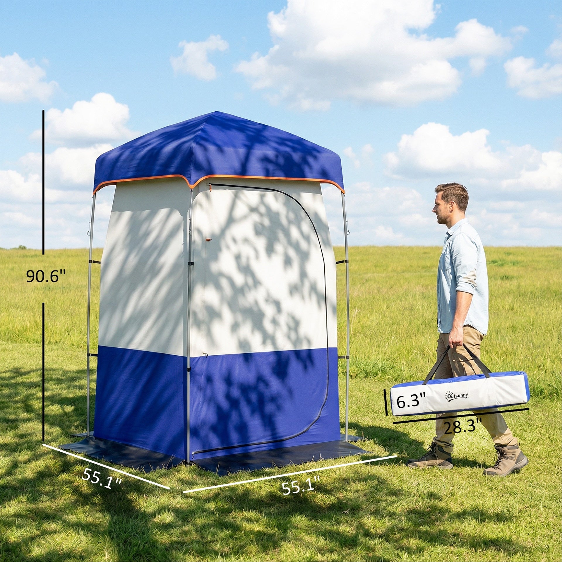 Outsunny Camping Shower Tent, Portable Privacy Shelter with Solar Shower Bag, Removable Floor and Carrying Bag, Blue