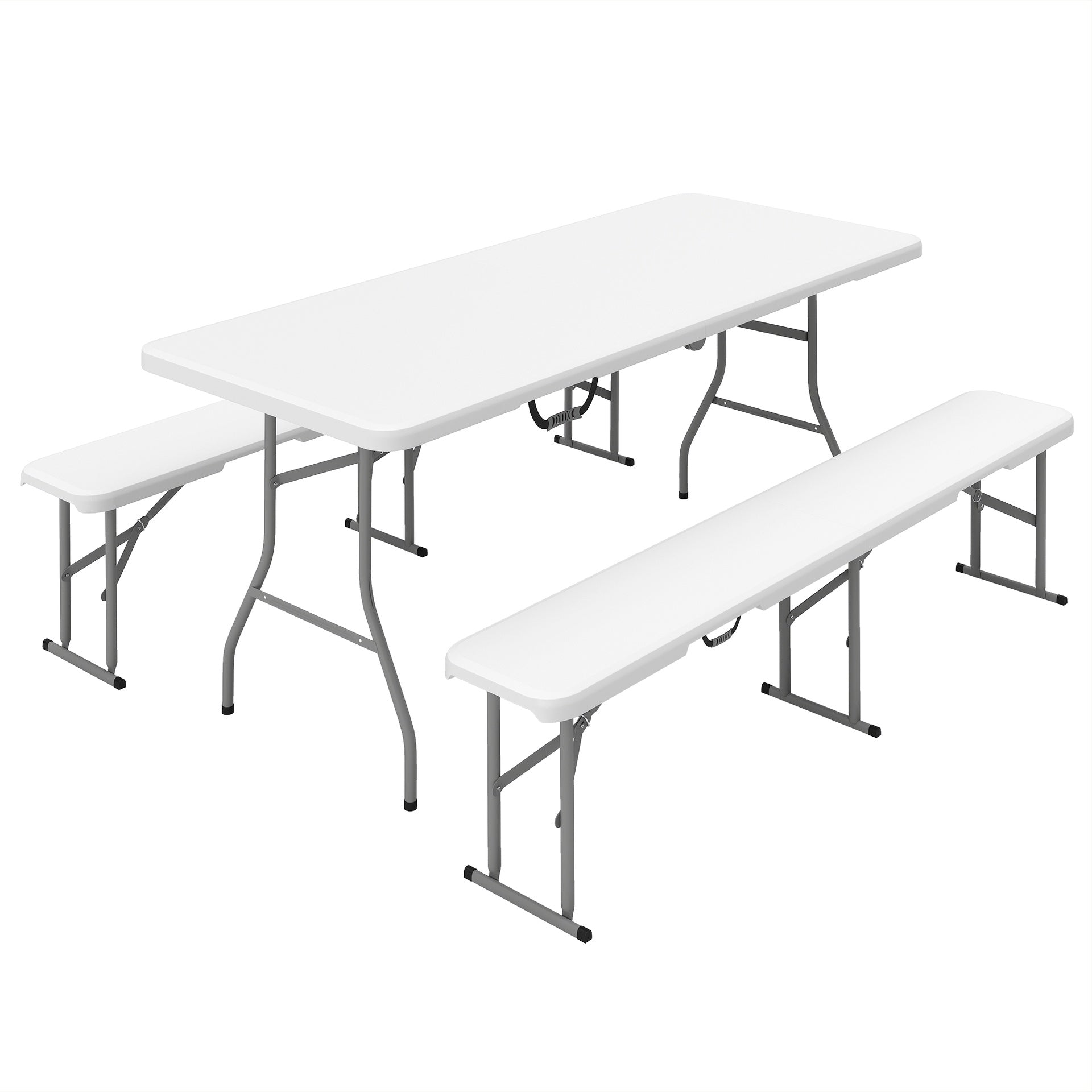 Outsunny 6FT 3 PCS Portable Camping Table and Chairs, Folding Picnic Table Bench Set with Carrying Handles for BBQ, Party, White