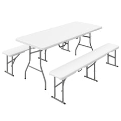 Outsunny 6FT 3 PCS Portable Camping Table and Chairs, Folding Picnic Table Bench Set with Carrying Handles for BBQ, Party, White