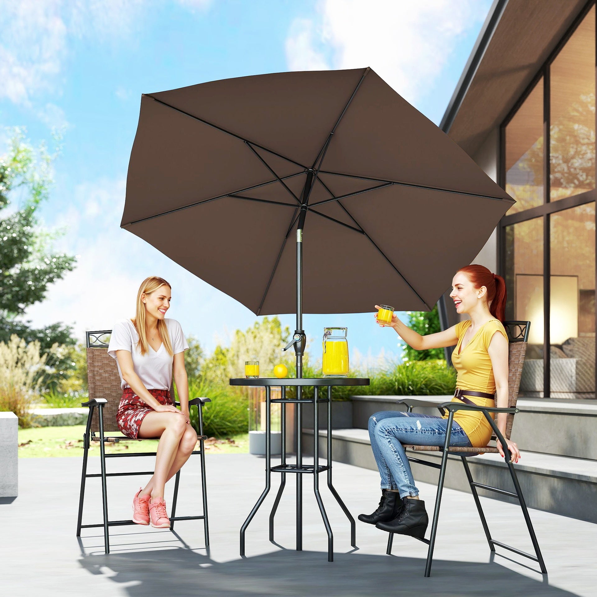 Outsunny 4 Piece Outdoor Bar Set with Umbrella, Patio Dining Set with 2 Folding Chairs, Wave Textured Tempered Glass Table for Backyard, Garden, Deck, Poolside, Brown