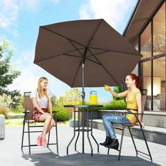 Outsunny 4 Piece Outdoor Bar Set with Umbrella, Patio Dining Set with 2 Folding Chairs, Wave Textured Tempered Glass Table for Backyard, Garden, Deck, Poolside, Brown