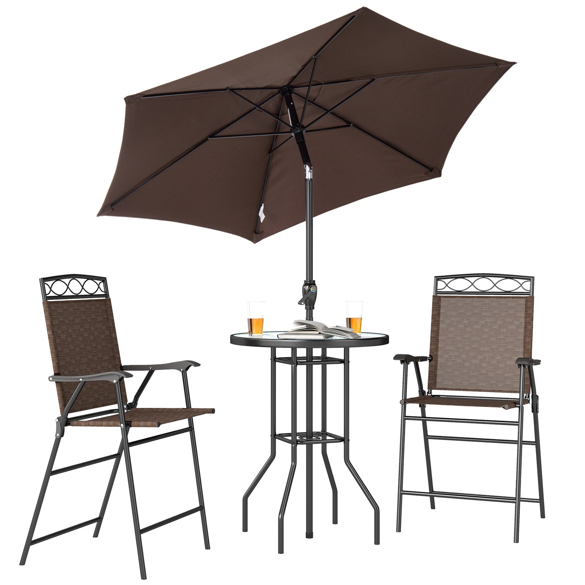 Outsunny 4 Piece Outdoor Bar Set with Umbrella, Patio Dining Set with 2 Folding Chairs, Wave Textured Tempered Glass Table for Backyard, Garden, Deck, Poolside, Brown