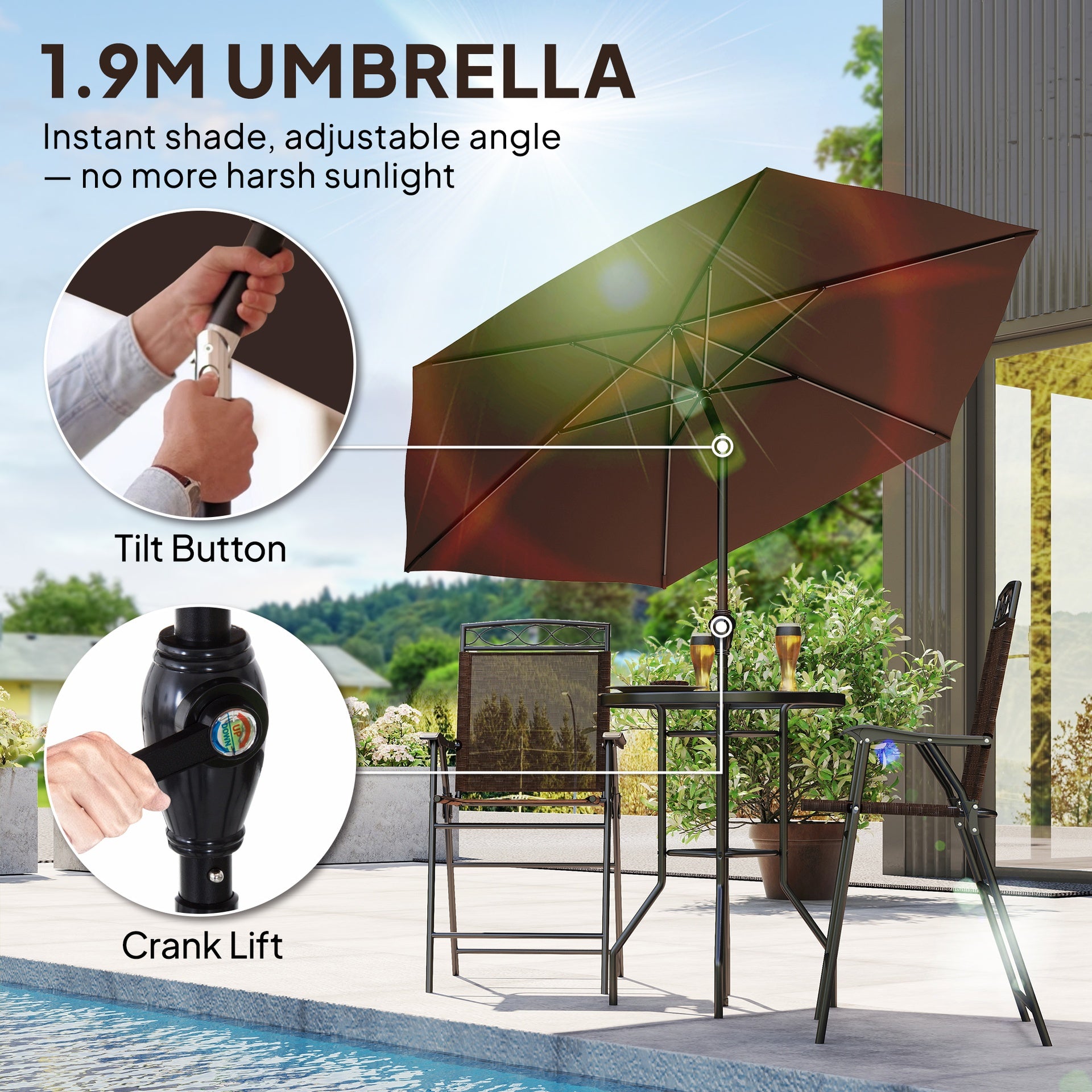 Outsunny 4 Piece Outdoor Bar Set with Umbrella, Patio Dining Set with 2 Folding Chairs, Wave Textured Tempered Glass Table for Backyard, Garden, Deck, Poolside, Brown