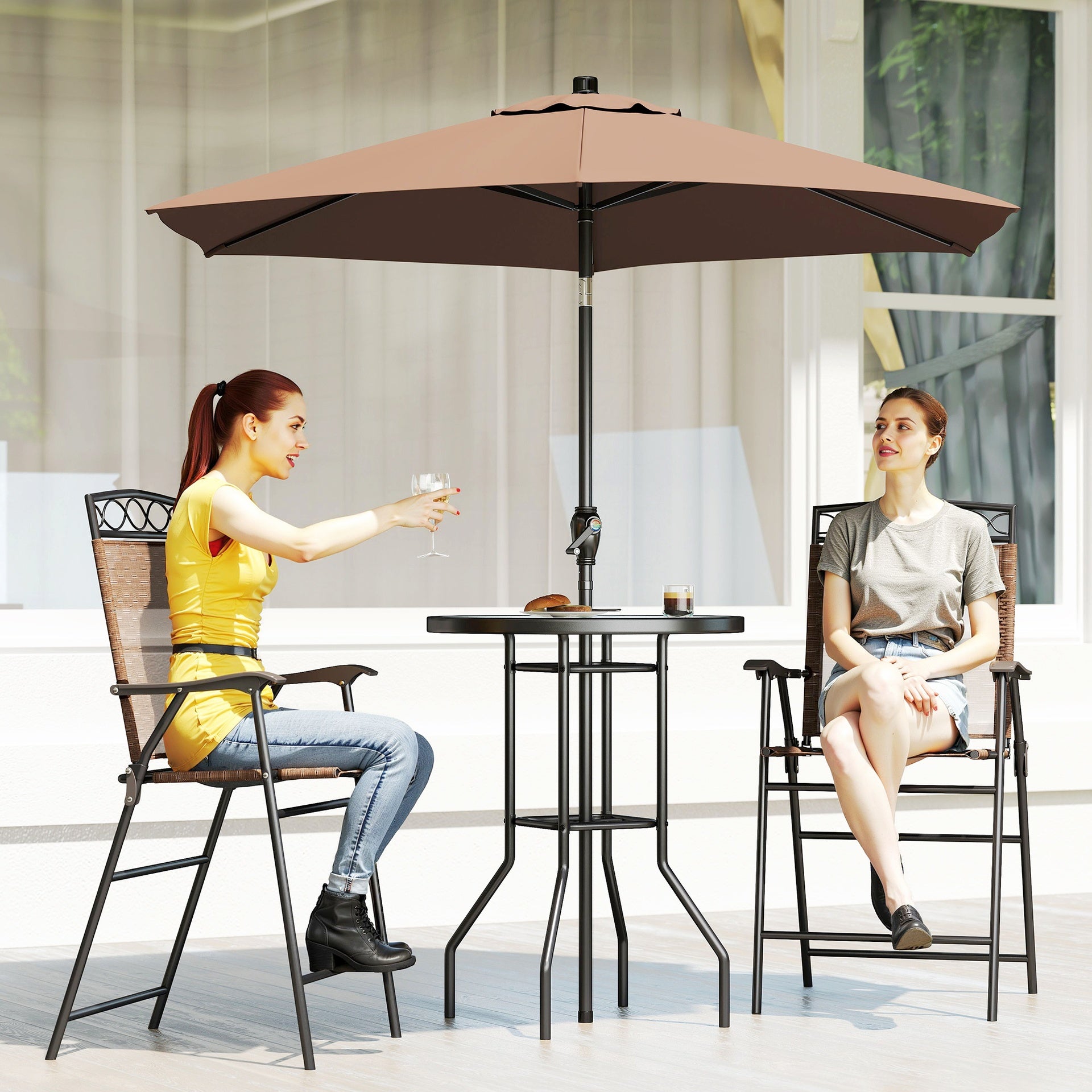 Outsunny 4 Piece Outdoor Bar Set with Umbrella, Patio Dining Set with 2 Folding Chairs, Wave Textured Tempered Glass Table for Backyard, Garden, Deck, Poolside, Brown