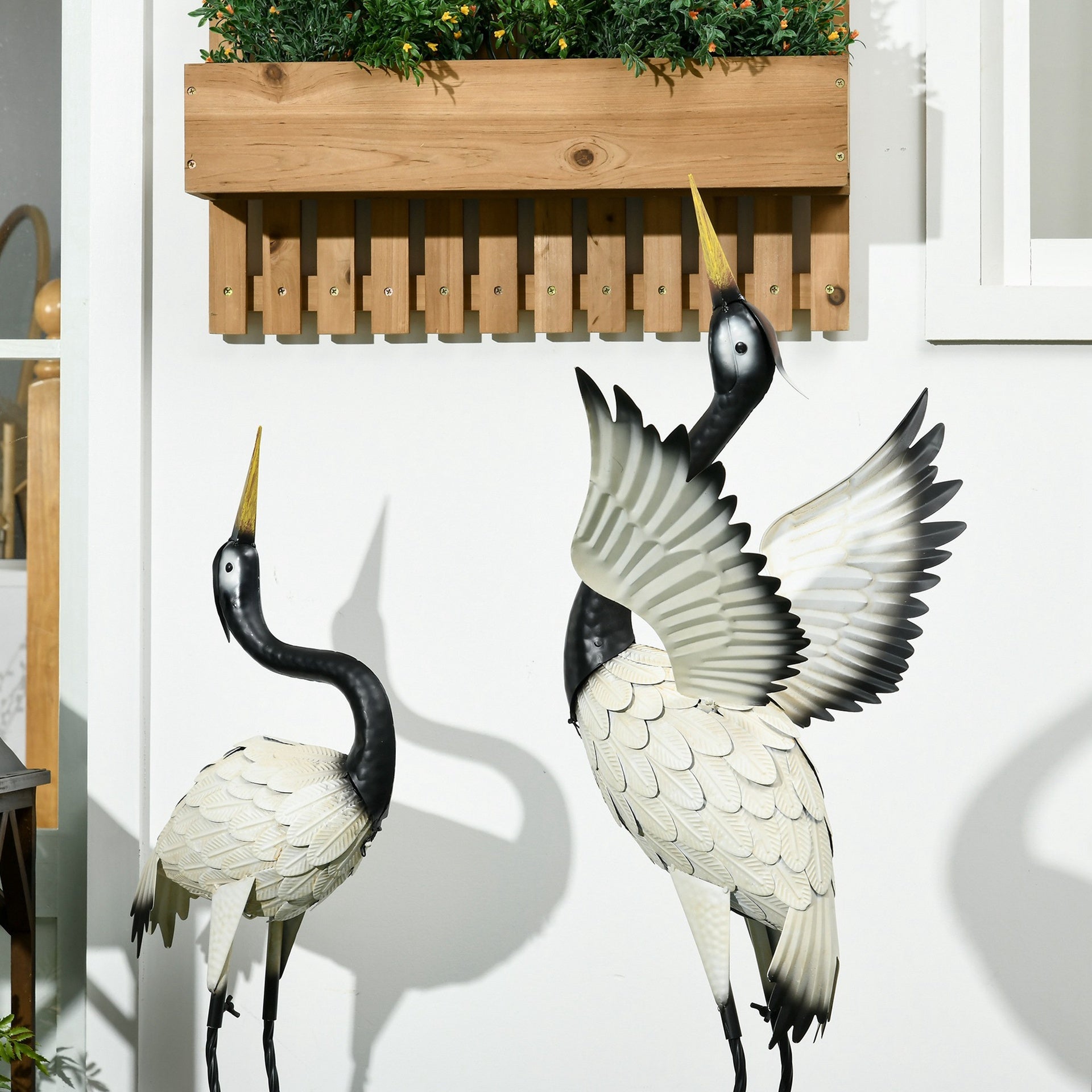 Outsunny Set of 2 Garden Sculptures, Heron Garden Statues for Lawn, Patio, Backyard Decoration, 35.5" & 40.5", White & Black